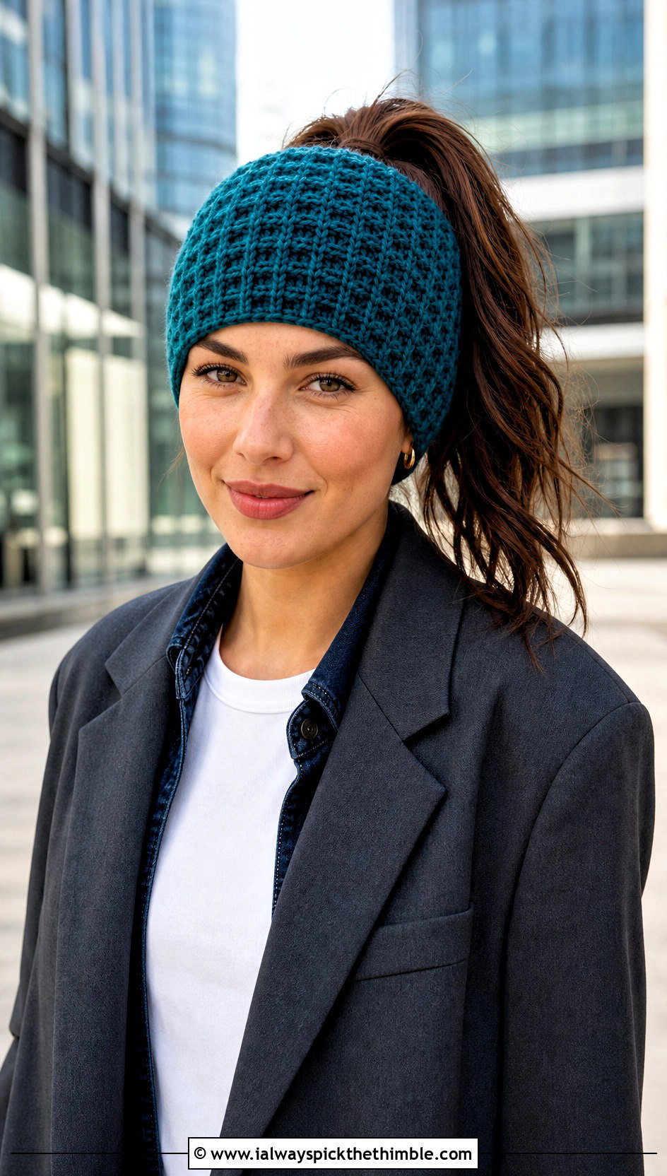 Waffle Stitch Ponytail Hat With Blazer And Wide Leg Jeans - 25 crochet bun hat outfit ideas