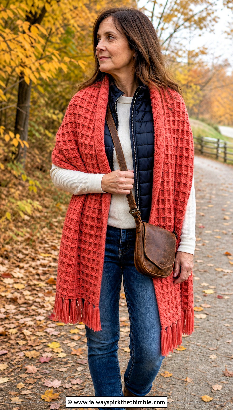 Waffle Stitch Prayer Shawl With Puffer Vest - 25 easy crochet prayer shawls outfit ideas