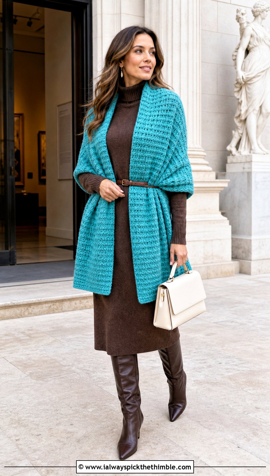 Waffle Stitch Rectangle Crochet Shawl With Sweater Dress - 20 Rectangle Crochet Shawl outfit ideas