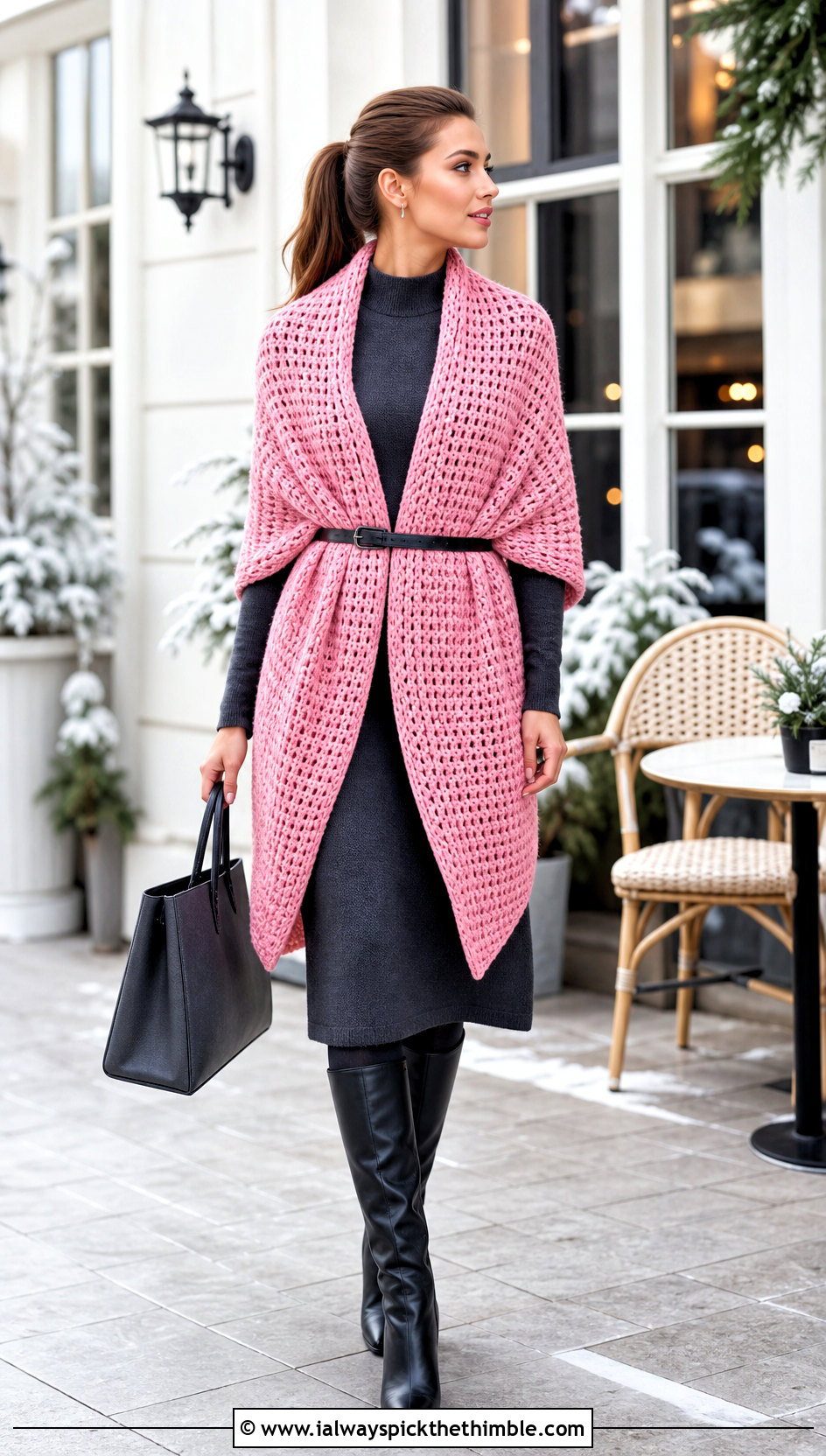 Waffle Stitch Rectangular Crochet Shawl With Sweater Dress - 20 rectangular crochet shawls outfit ideas