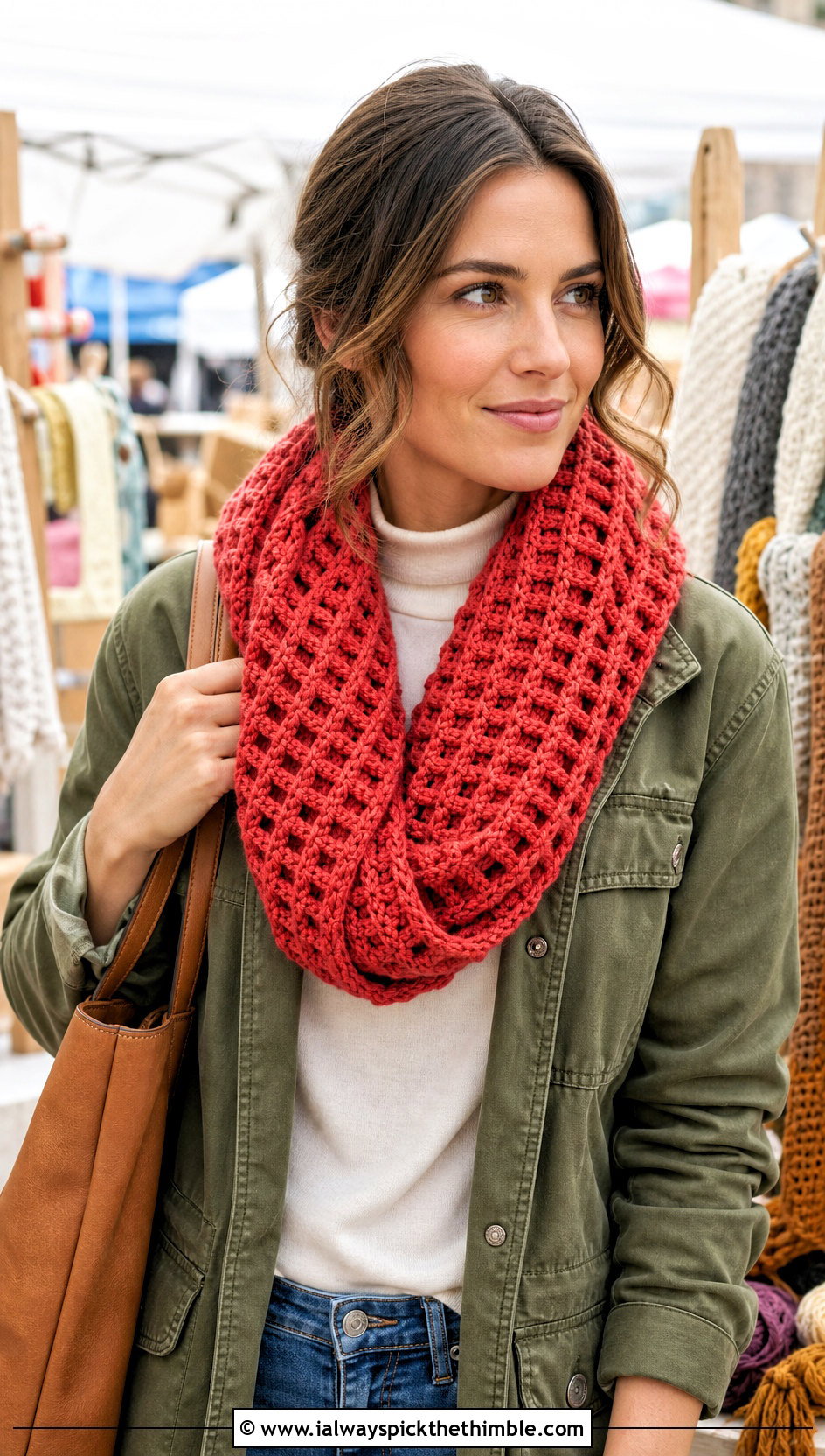 Waffle Stitch Red Crochet Scarf With Utility Jacket - 20 taylor swift red crochet scarf outfit ideas