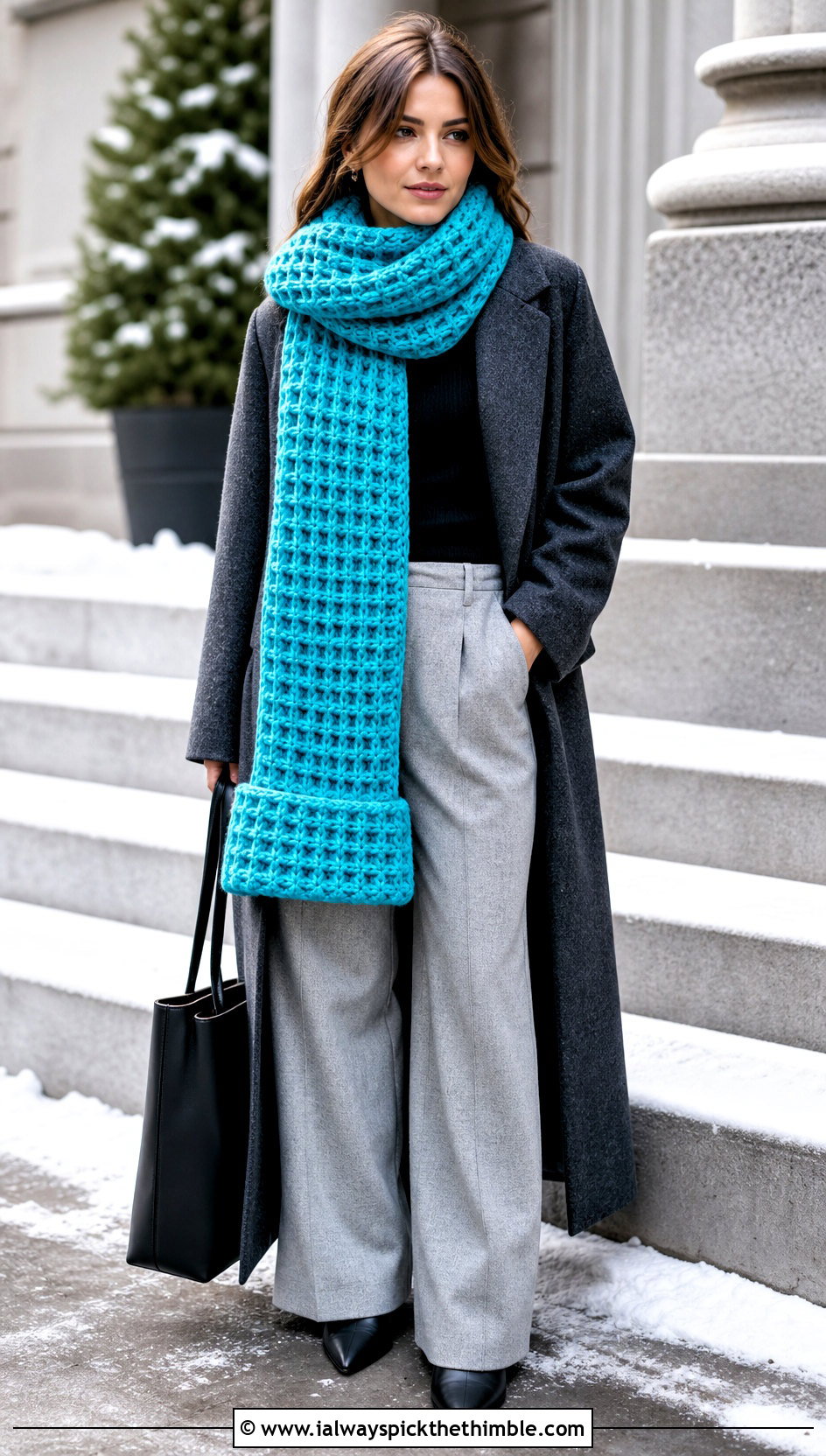Waffle Stitch Roll Up Scarf With Wool Coat And Wide Leg Pants - 20 Crochet Roll Up Scarf outfit ideas