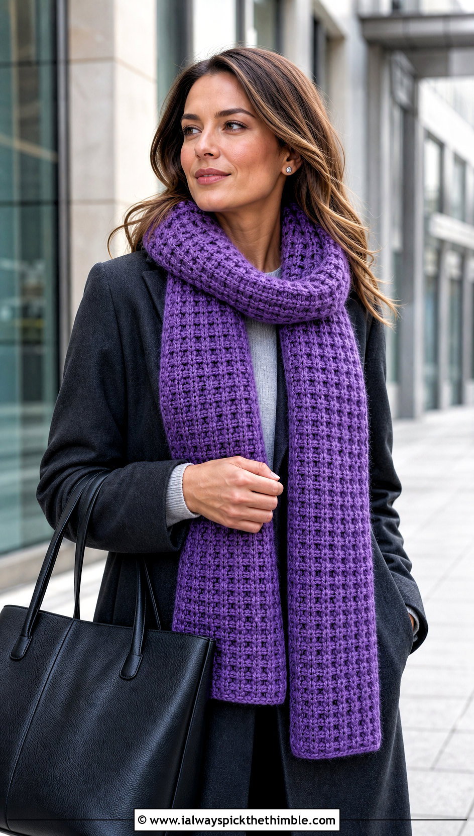 Waffle Stitch Sampler Scarf With Tailored Coat - 20 Crochet Stitch Sampler Scarf outfit ideas