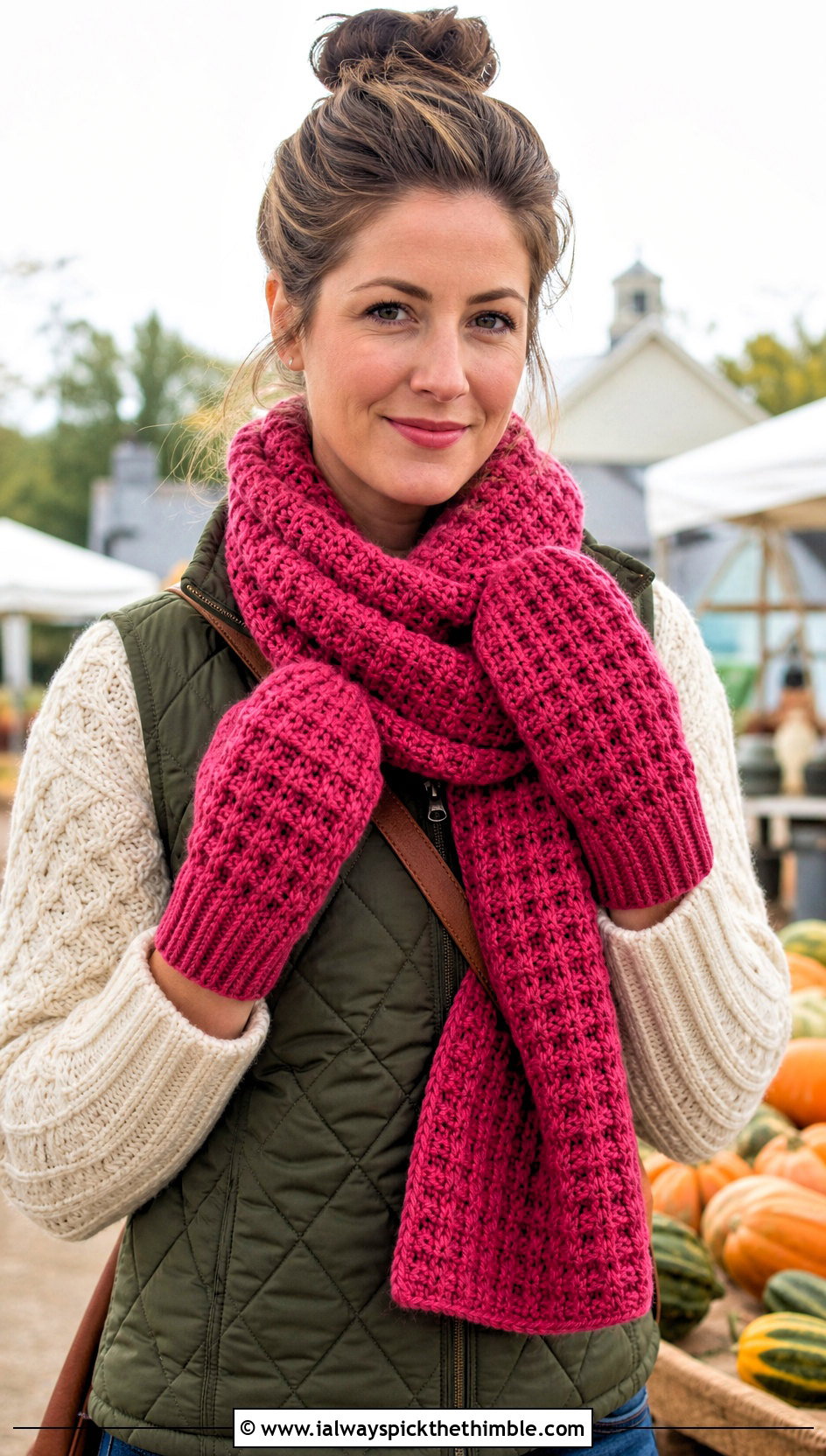 Waffle Stitch Scarf And Mittens With Quilted Vest - 15 Crochet Scarf And Mittens Set outfit ideas
