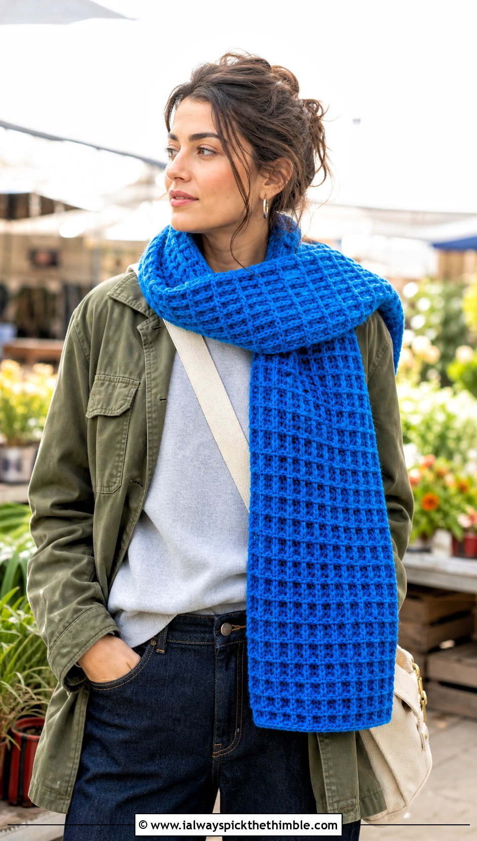 Waffle Stitch Scarf With Utility Jacket - 25 crochet scarf ideas