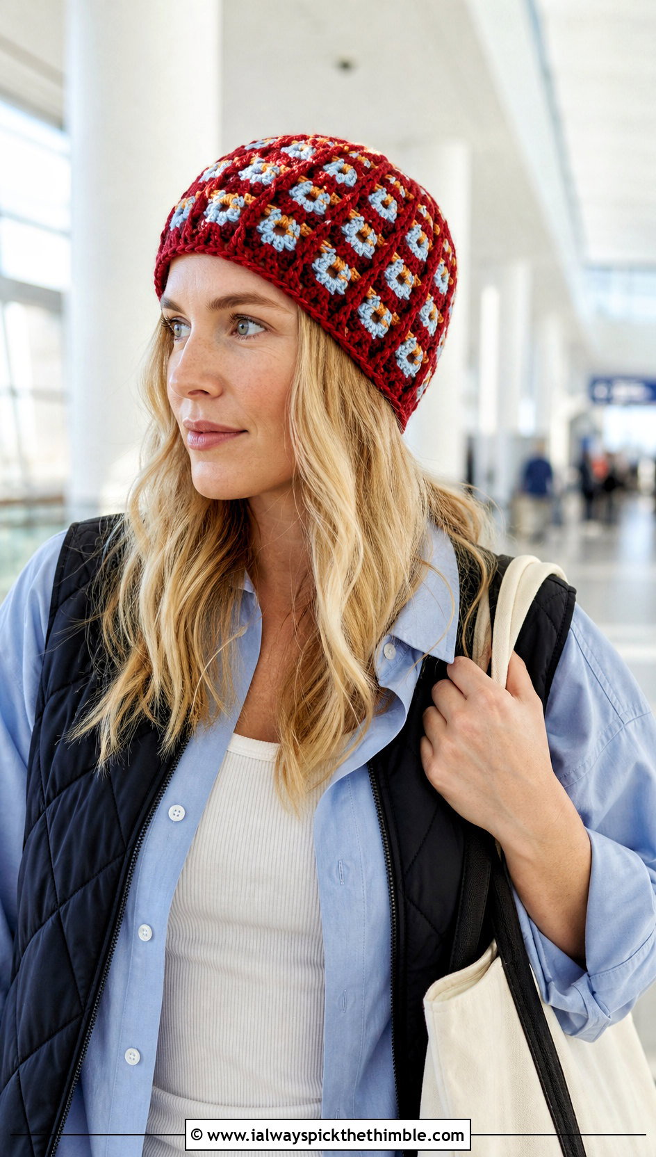 Waffle Stitch Scrap Yarn Crochet Beanie With Oversized Shirt - 20 scrap yarn crochet beanie outfit ideas