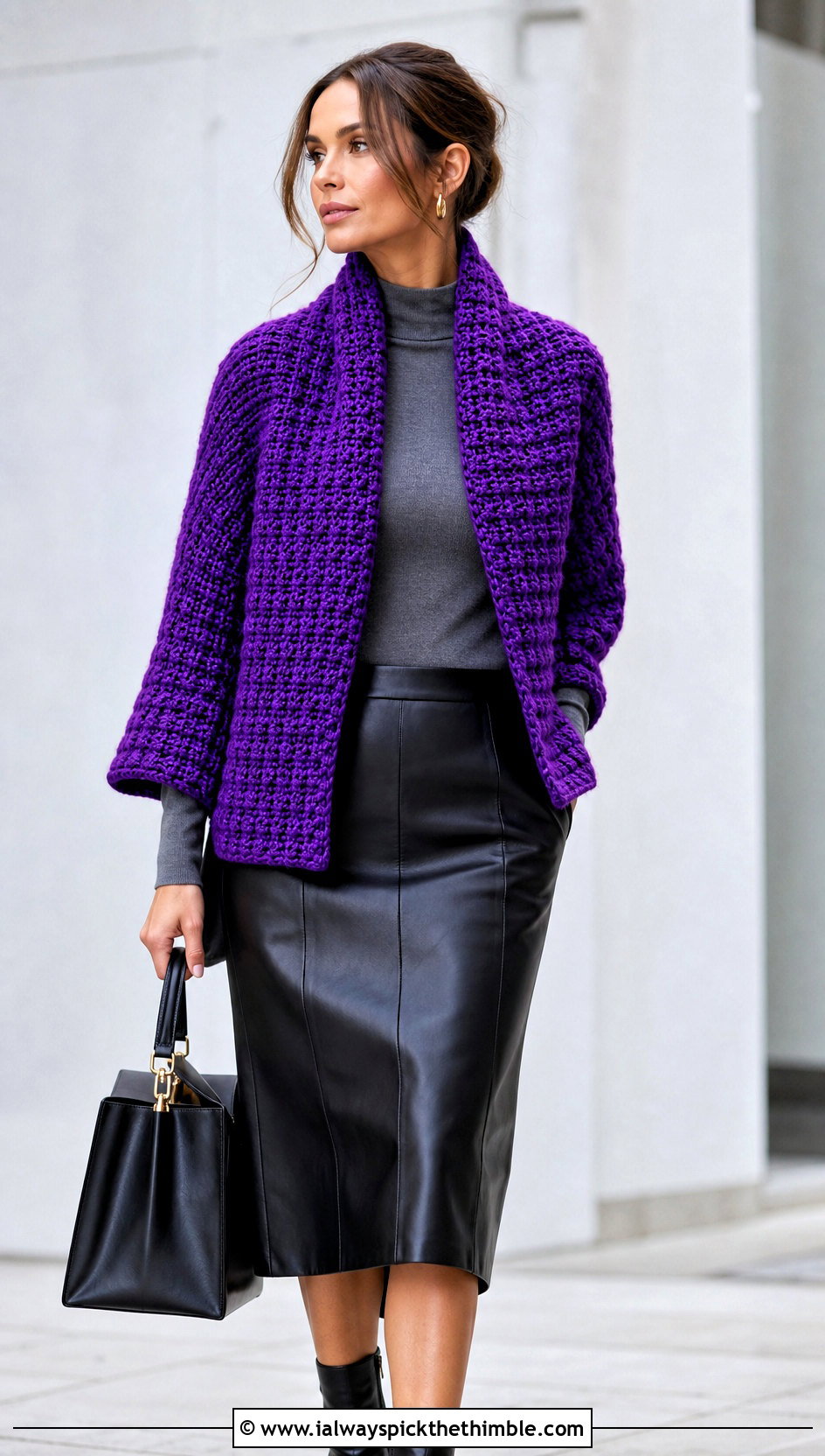 Waffle Stitch Sleeved Crochet Scarf With Leather Midi Skirt - 20 Sleeved Crochet Scarf outfit ideas