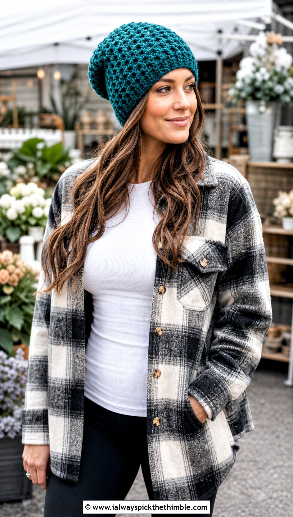 Waffle Stitch Slouch Crochet Beanie With Shacket - 20 slouch crochet beanie outfit ideas