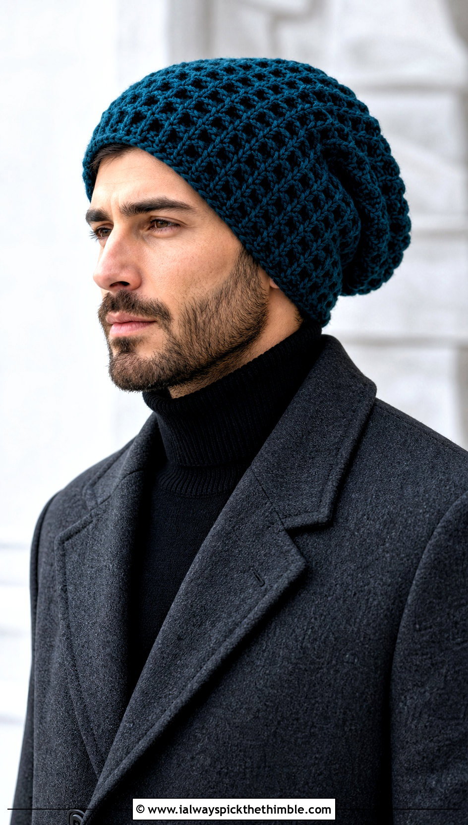 Waffle Stitch Slouch Crochet Beanie With Wool Coat - 20 Mens Slouch Crochet Beanie outfit ideas
