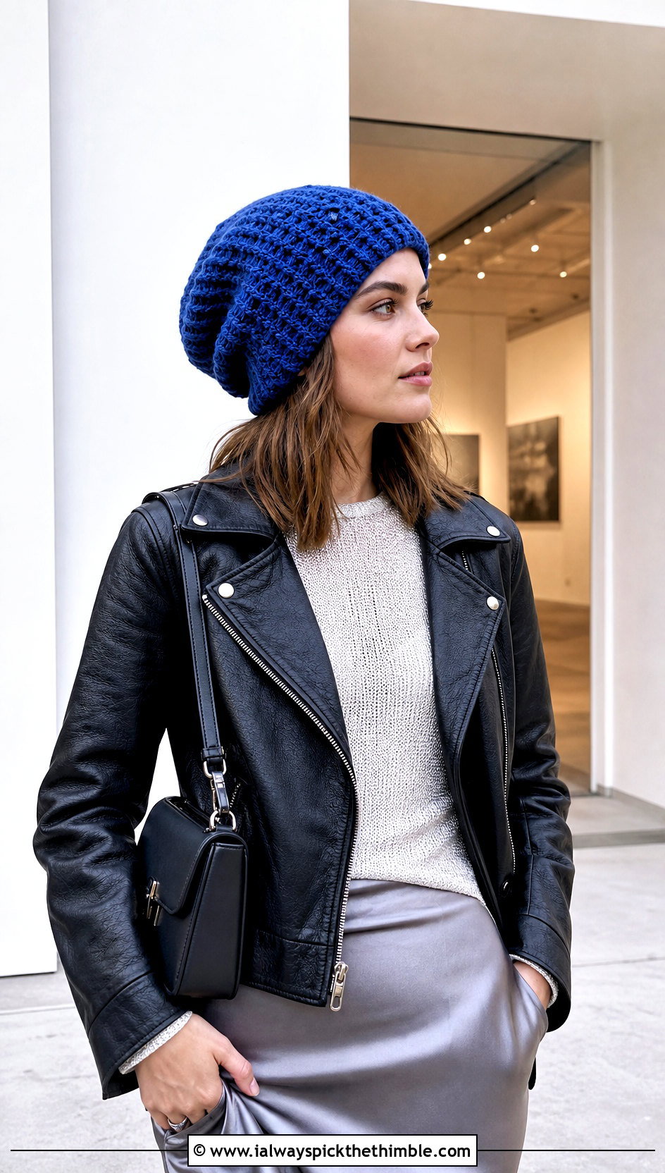 Waffle Stitch Slouchy Beanie With Leather Jacket - 25 crochet slouchy beanie outfit ideas