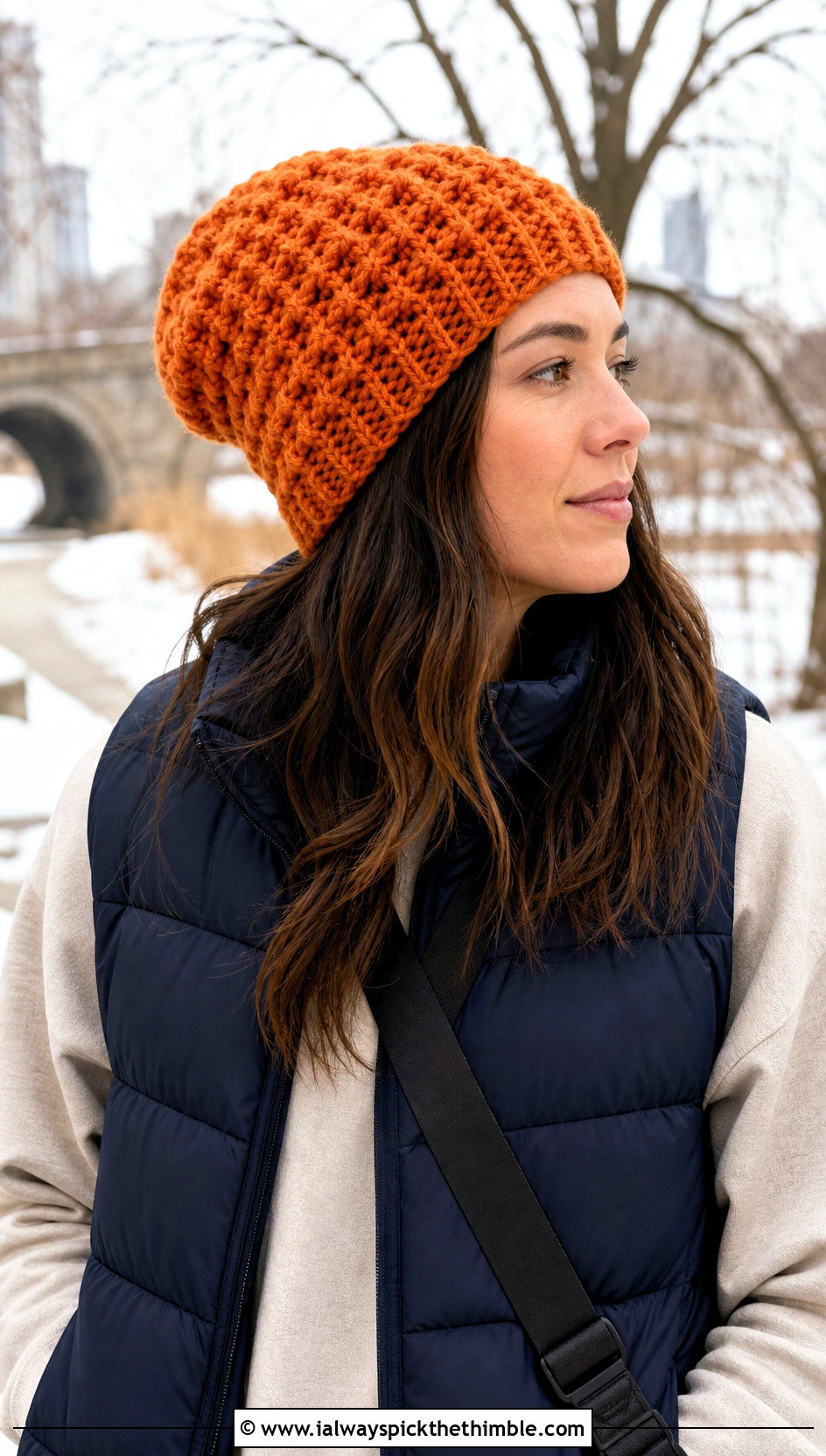 Waffle Stitch Slouchy Crochet Beanie With Puffer Vest - 25 slouchy crochet beanie outfit ideas