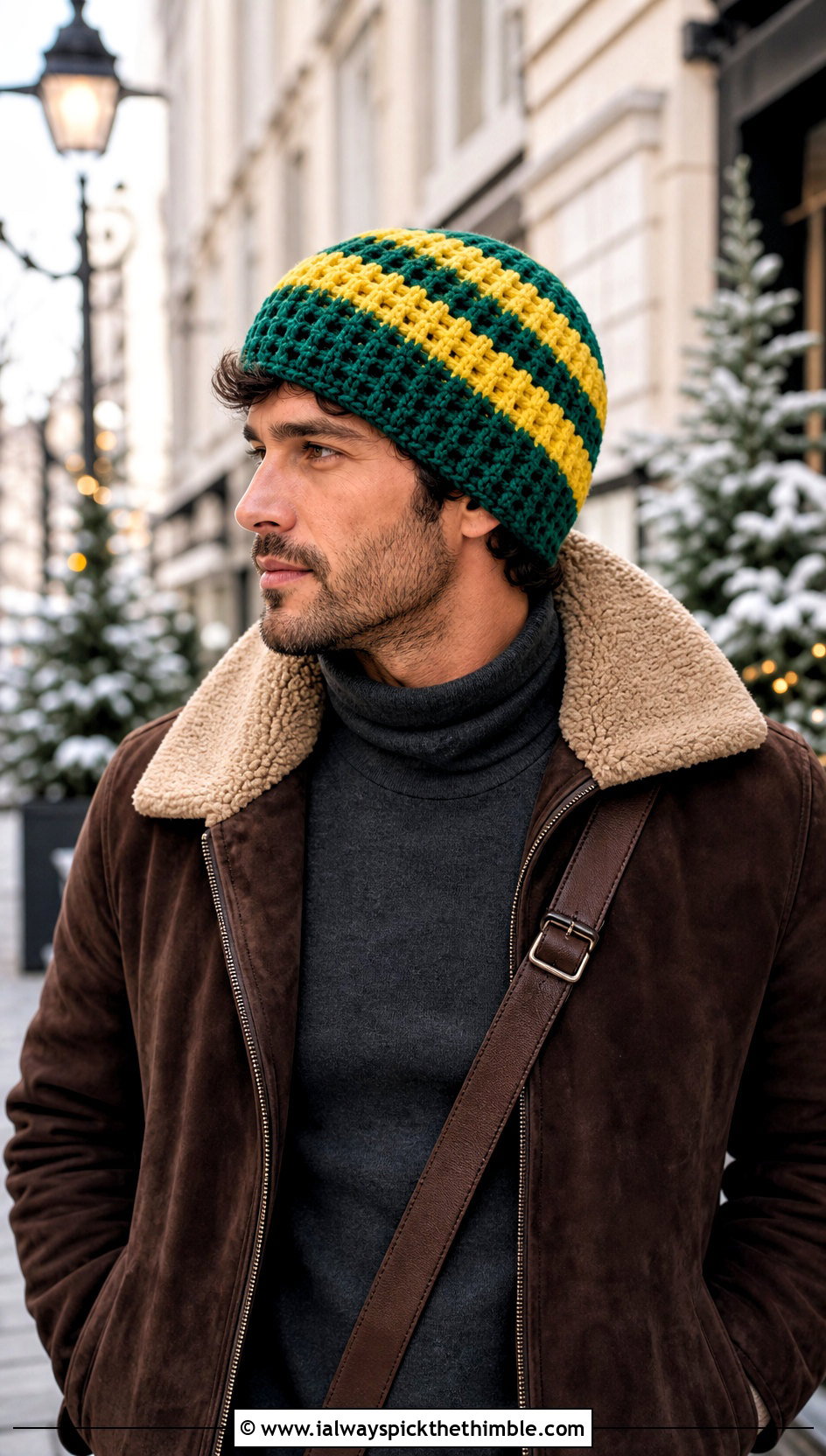 Waffle Stitch Striped Crochet Beanie With Shearling Jacket - 15 mens striped crochet beanie outfit ideas
