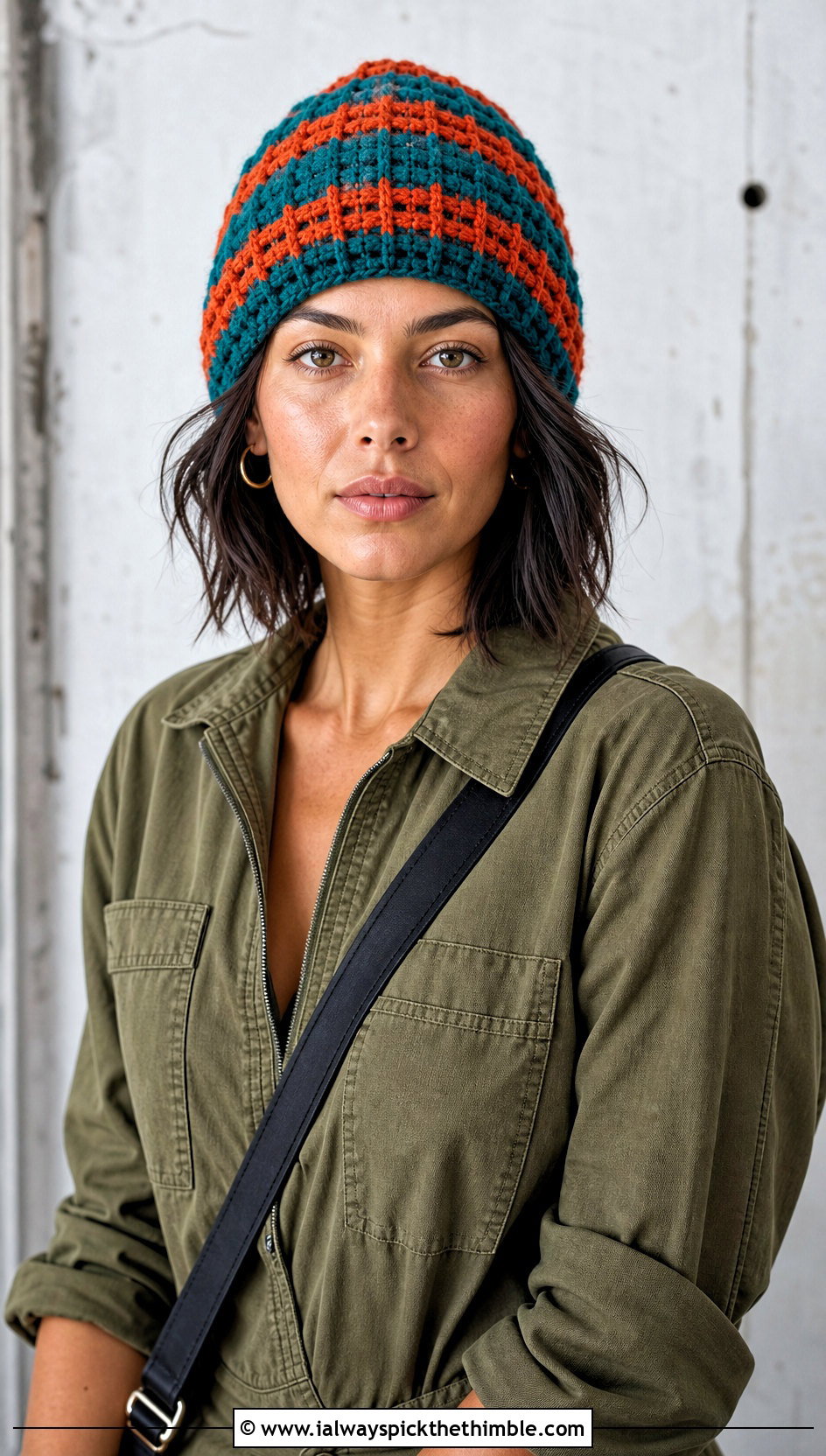 Waffle Stitch Striped Crochet Beanie With Utility Jumpsuit - 15 Crochet Striped Beanies outfit ideas