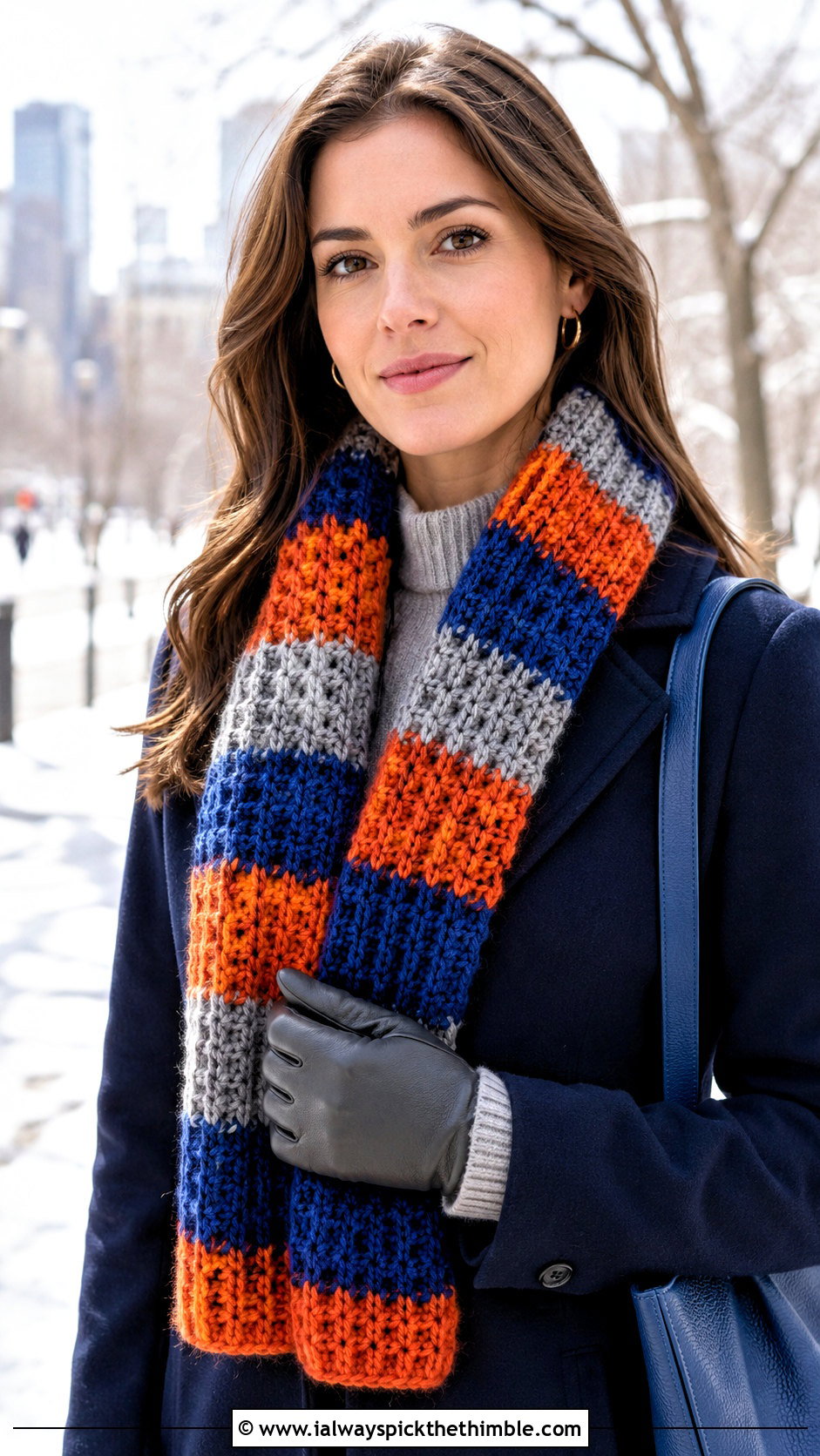 Waffle Stitch Striped Crochet Scarf With Wool Coat - 20 striped crochet scarf outfit ideas