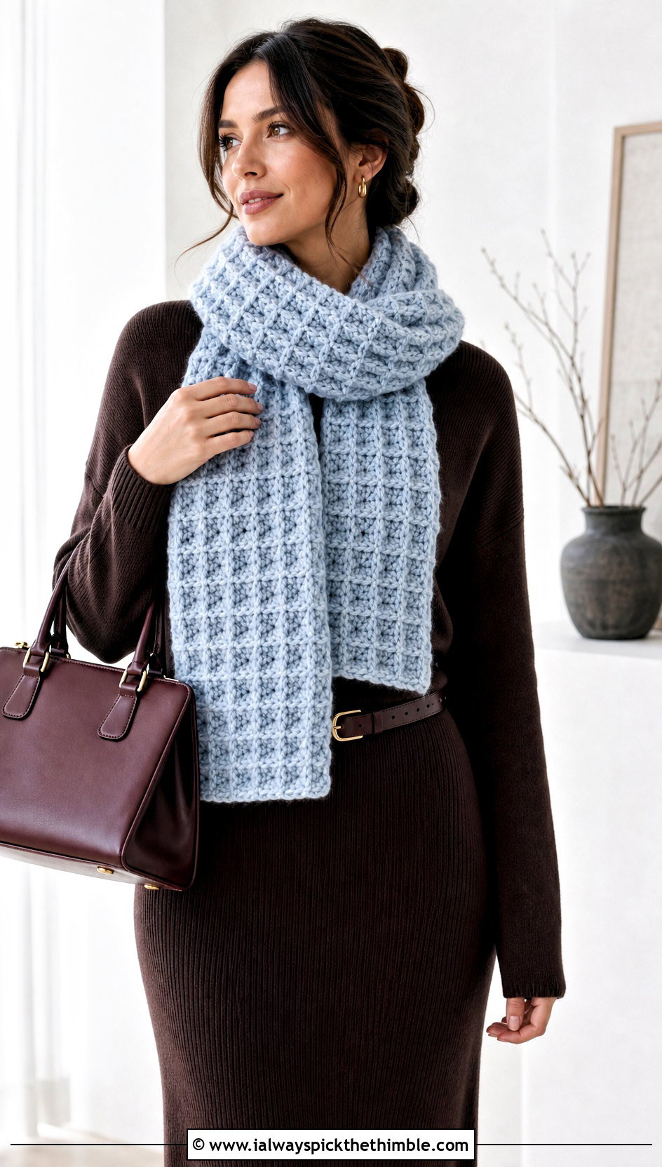 Waffle Stitch Thick Crochet Scarf With Knit Set - 15 Thick Crochet Scarf outfit ideas