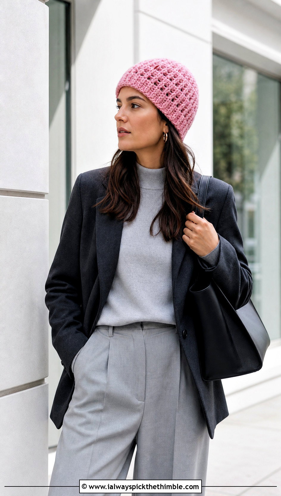 Waffle Stitch Top Down Crochet Beanie With Blazer And Wide Leg Trousers - 25 top down crochet beanie outfit ideas