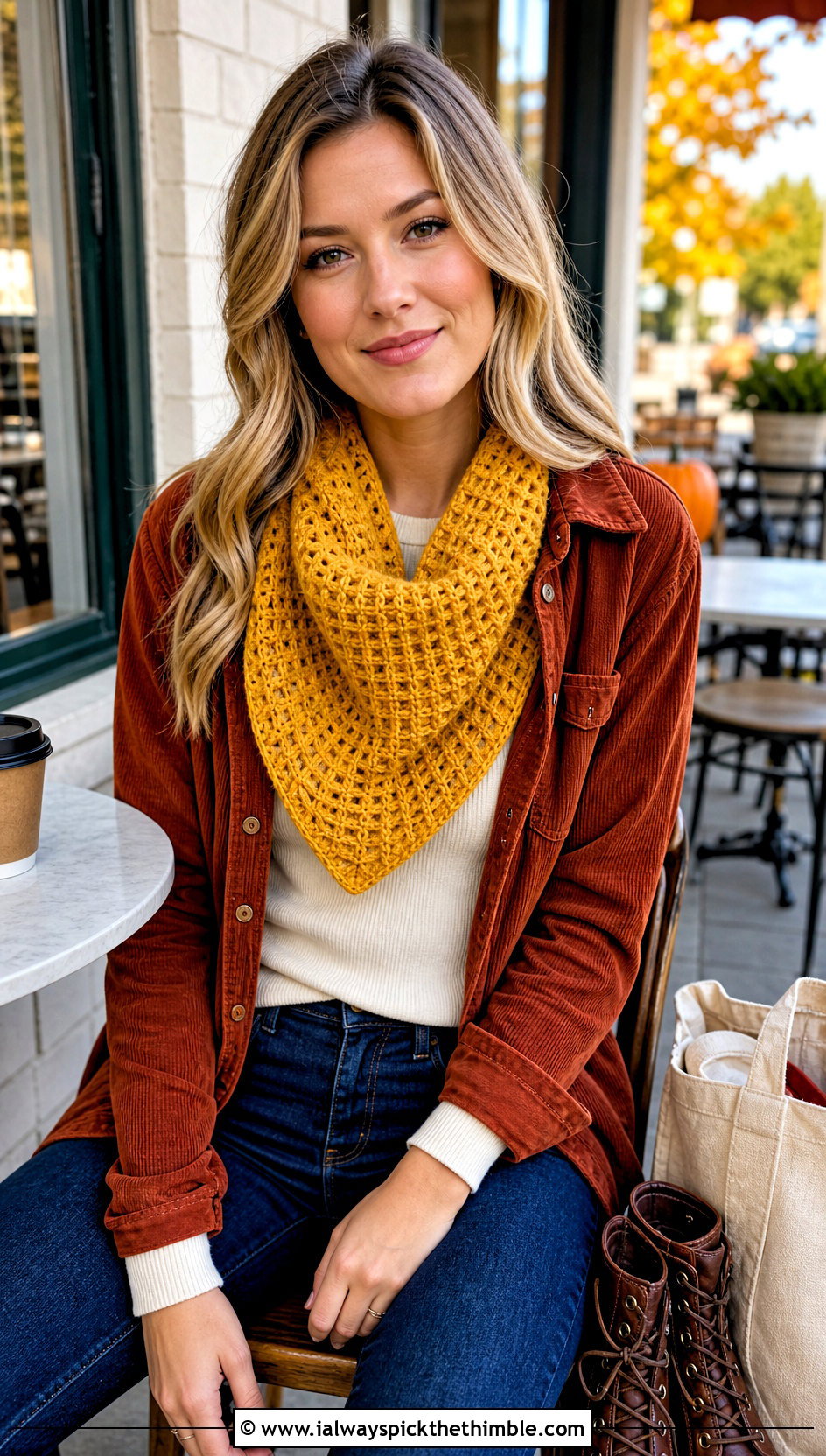 Waffle Stitch Triangle Cowl With Corduroy Shacket - 20 crochet triangle cowl outfit ideas