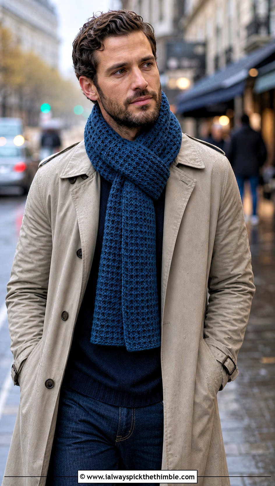 Waffle Stitch Tweed Crochet Scarf With Trench Coat - 15 Tweed Men's Crochet Scarf outfit ideas