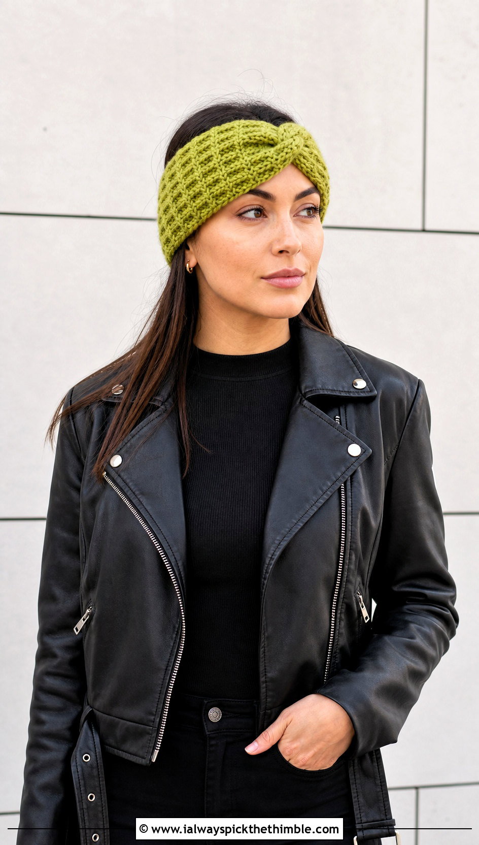 Waffle Stitch Twist Ear Warmer With Leather Jacket - 20 Crochet Twist Ear Warmer outfit ideas