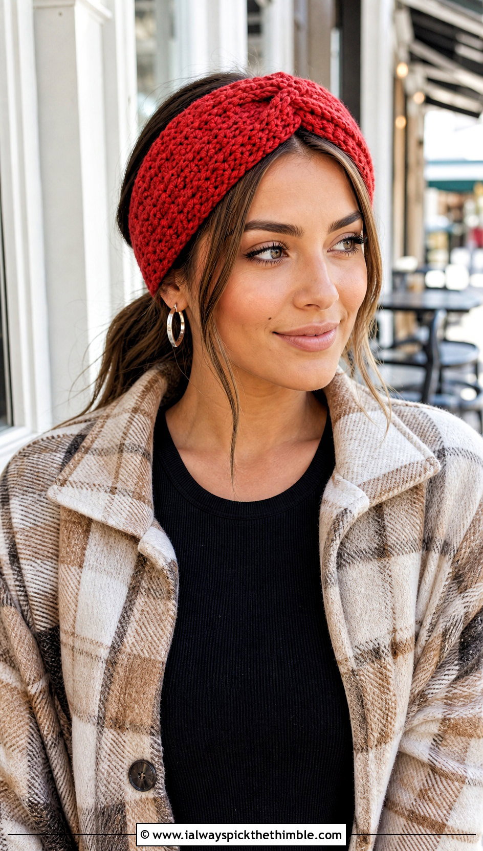 Waffle Stitch Twisted Knot Crochet Headband With Shacket - 15 Twisted Knot Crochet Headband outfit ideas