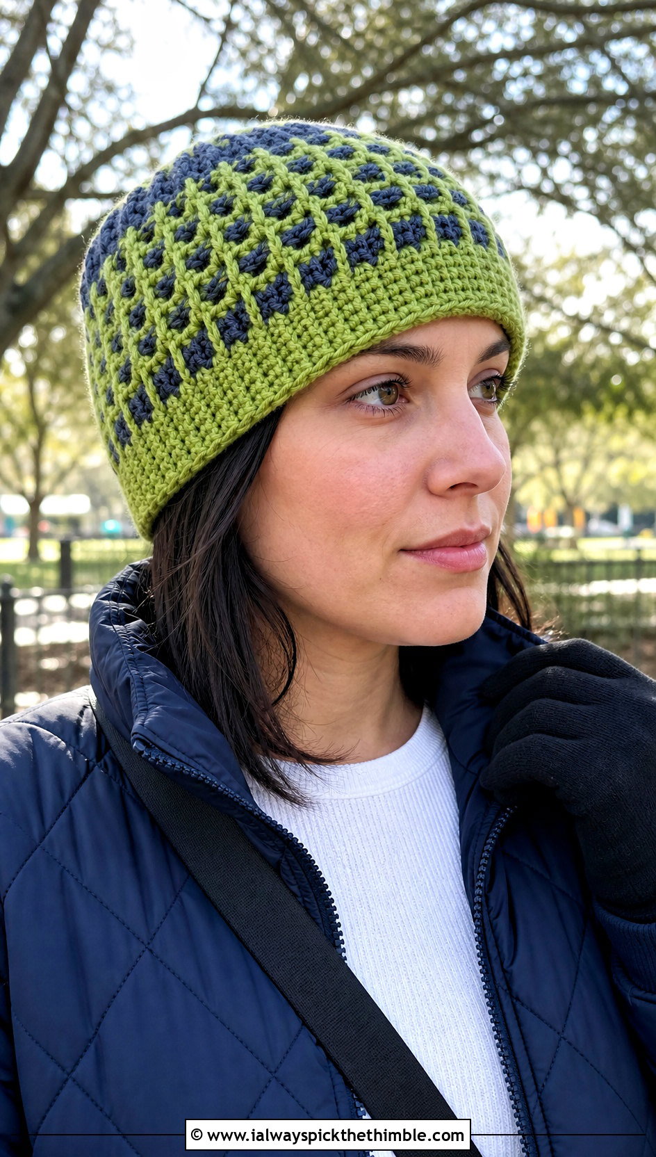 Waffle Stitch Two Color Crochet Beanie With Quilted Jacket - 20 two color crochet beanie outfit ideas