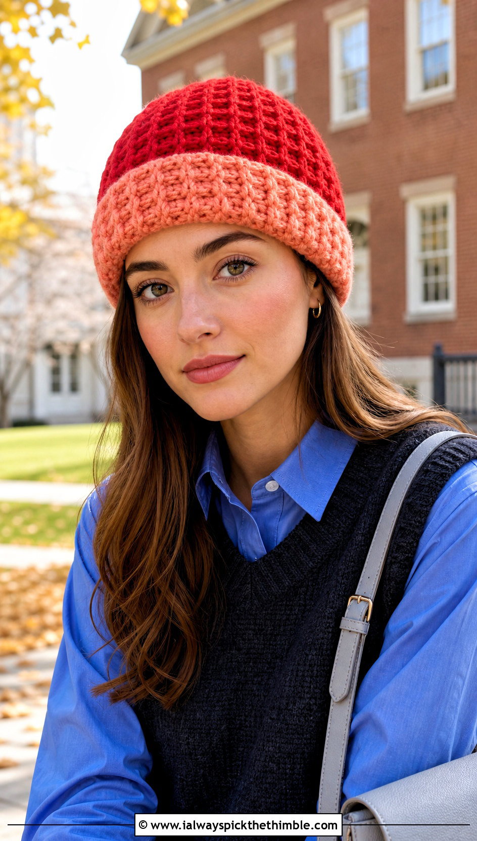 Waffle Stitch Two Tone Crochet Beanie With Sweater Vest - 15 two tone crochet beanie outfit ideas