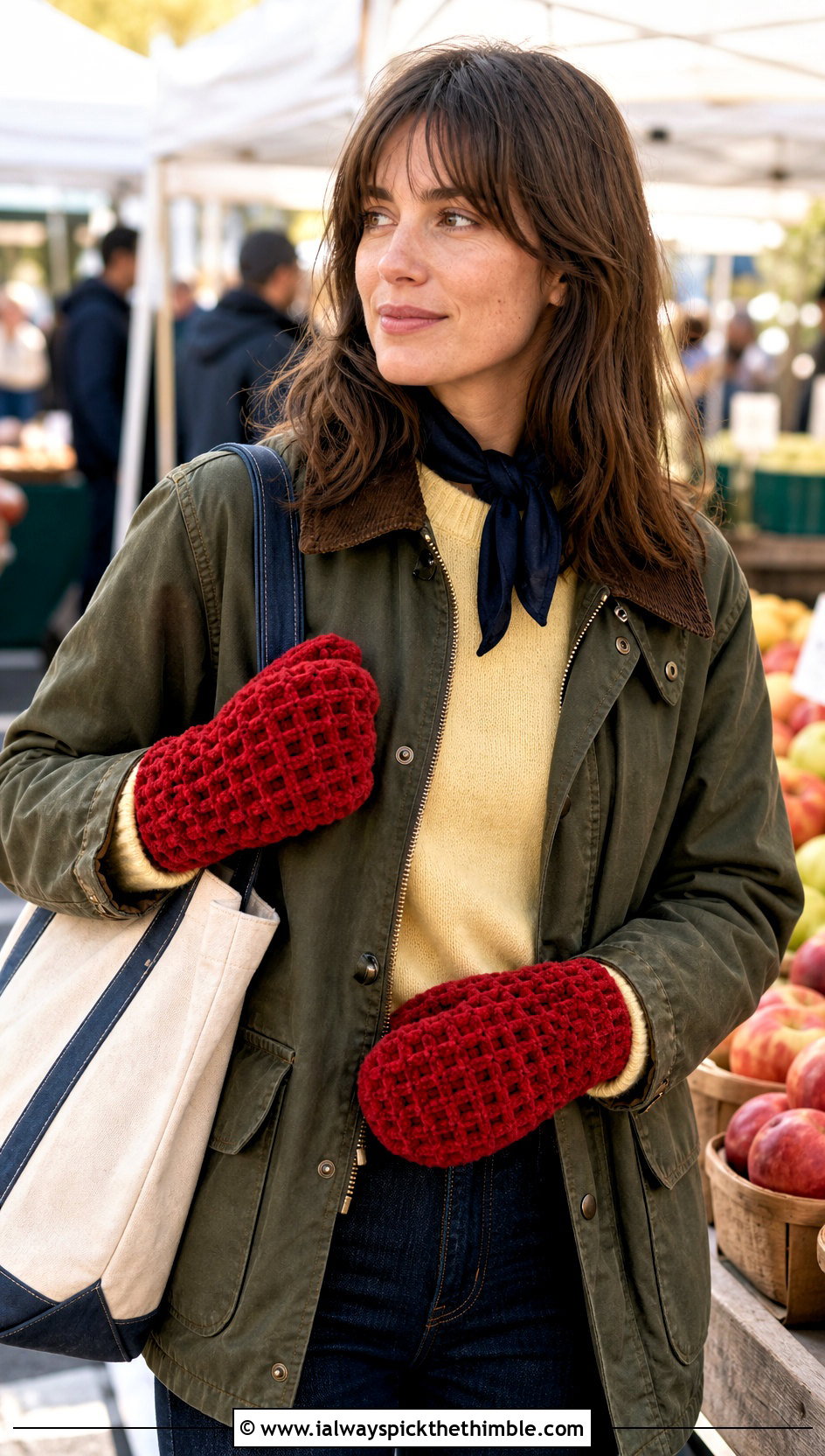 Waffle Stitch Velvet Crochet Mittens With Barn Jacket - 20 velvet crochet mittens outfit ideas