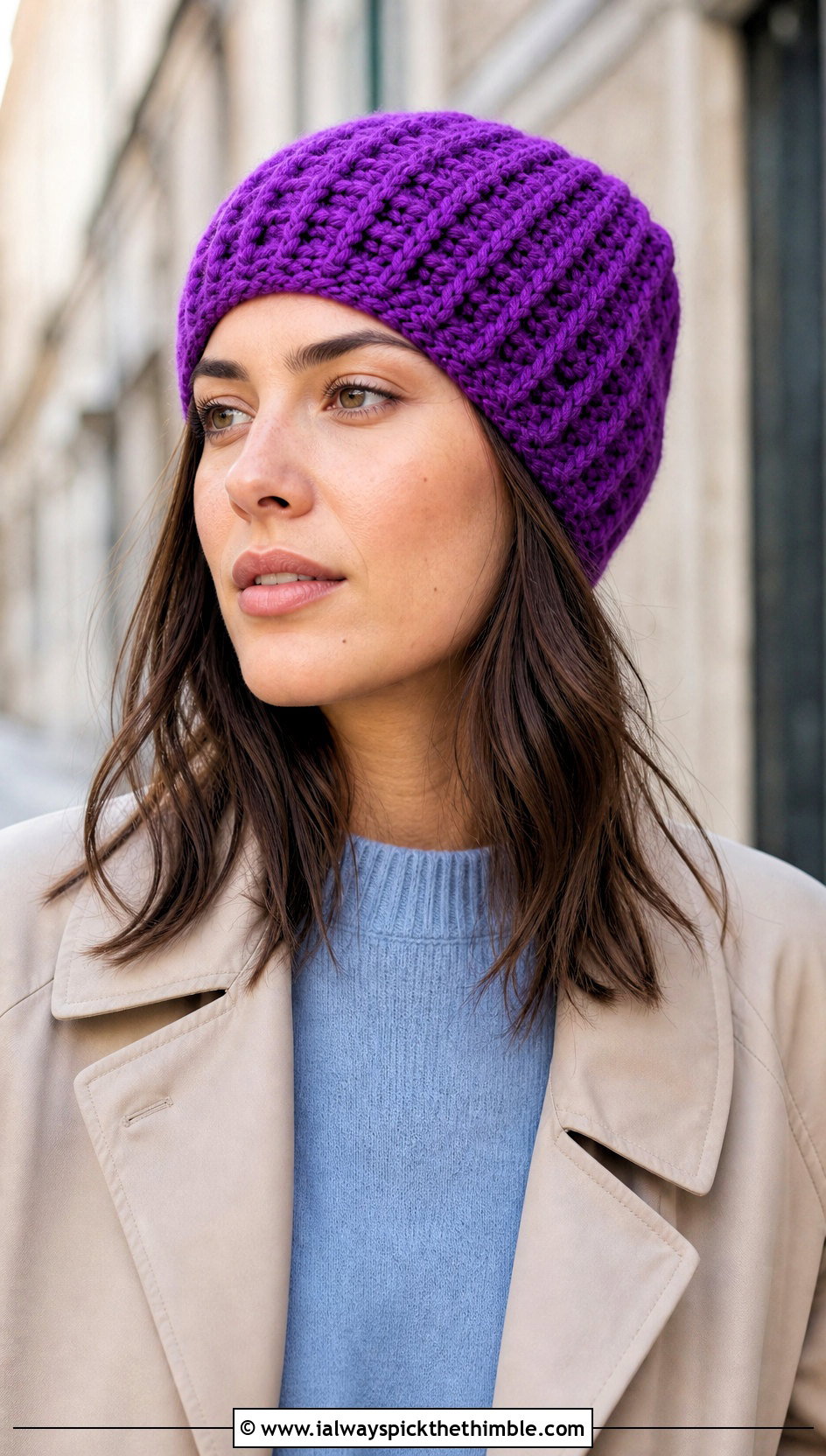 Waffle Stitch Worsted Crochet Beanie With Trench Coat - 15 Worsted Crochet Beanie outfit ideas