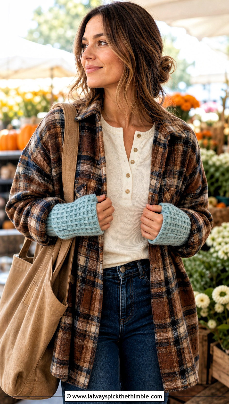Waffle Stitch Wrist Warmers With Shacket - 25 Crochet Handwarmer outfit ideas