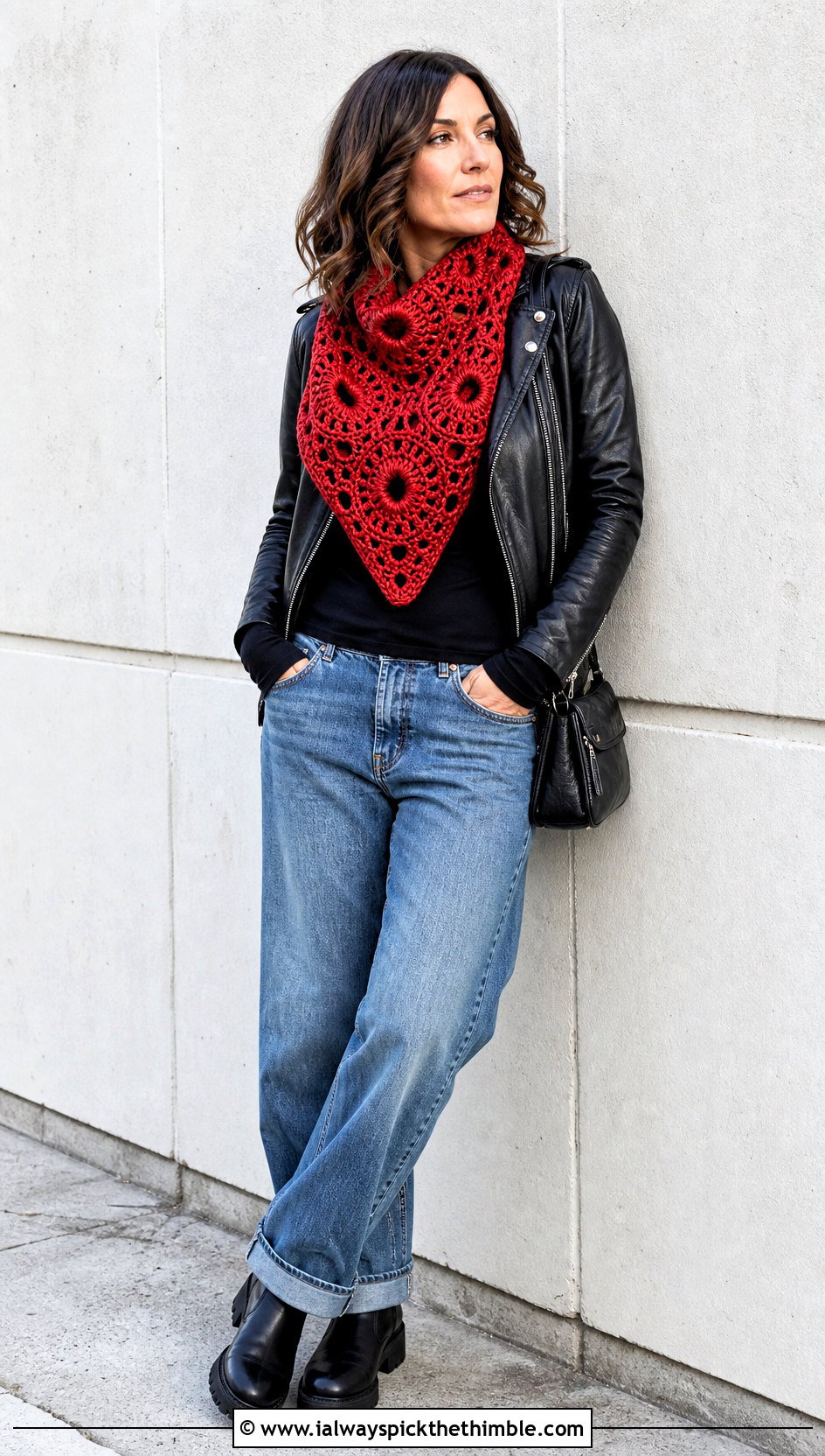 Wagon Wheel Granny Square Cowl With Leather Jacket - 20 Granny Square Cowl outfit ideas