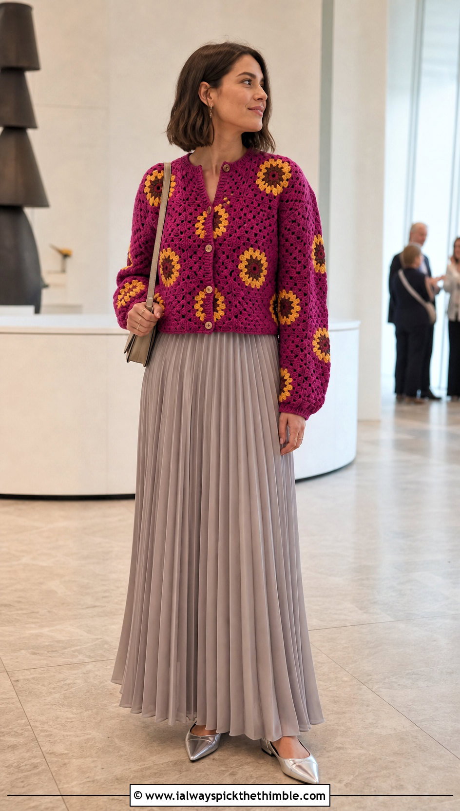 Waist Length Sunflower Granny Square Sweater With Pleated Maxi Skirt - 20 sunflower granny square sweater outfit ideas