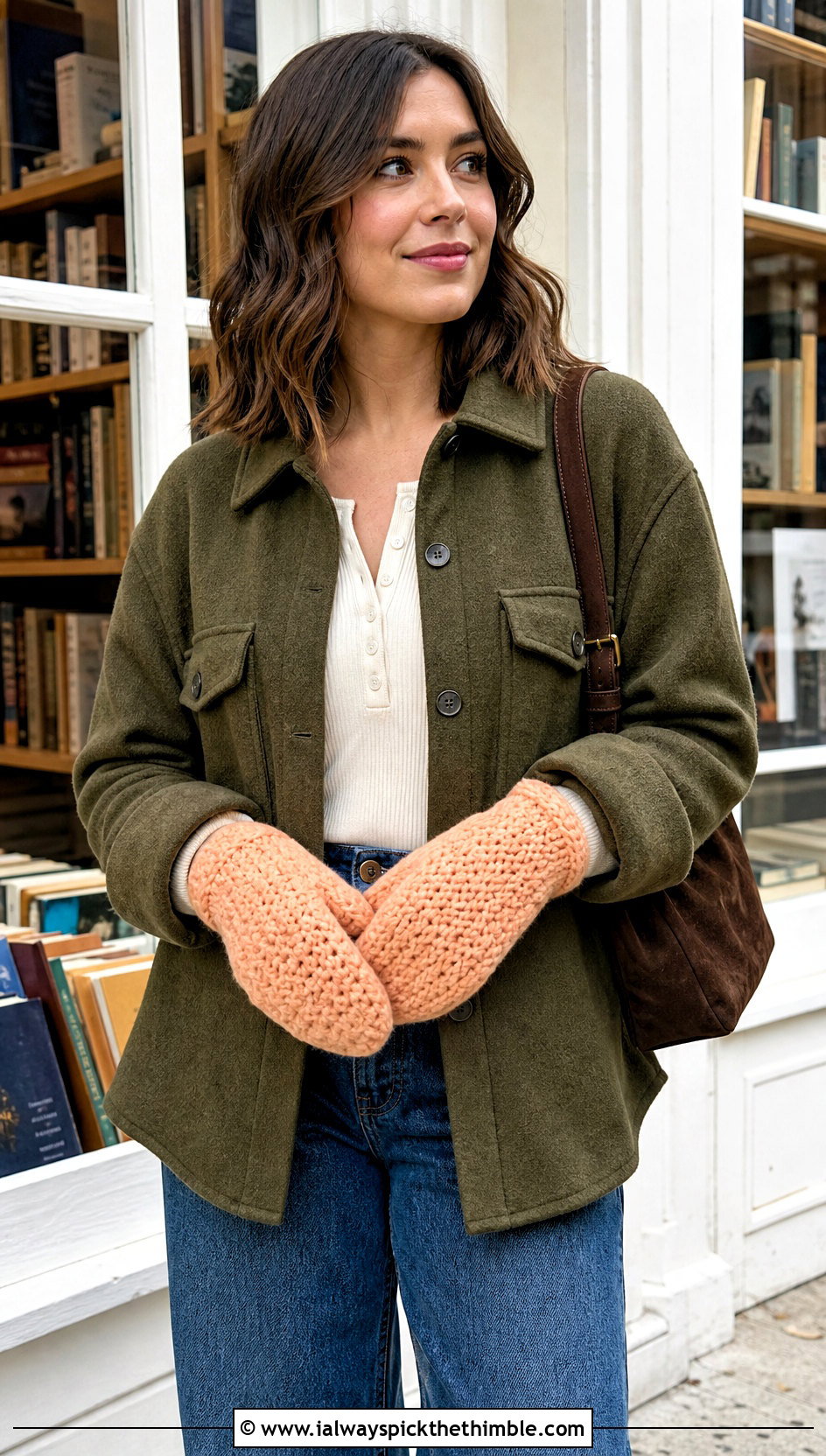 Waistcoat Stitch Bulky Crochet Mittens With Shacket And Barrel Jeans - 15 Bulky Crochet Mittens outfit ideas