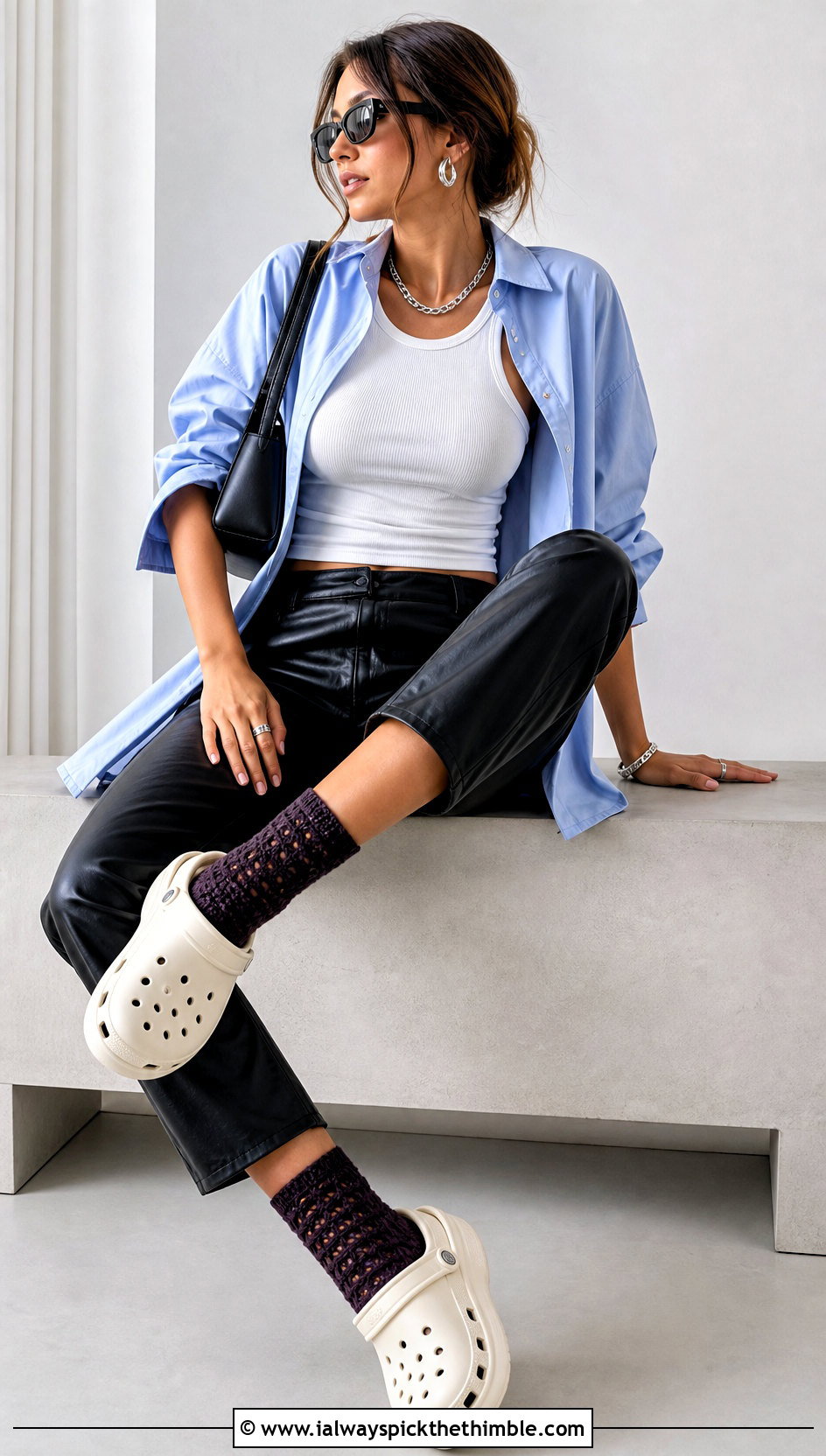 Waistcoat Stitch Crochet Socks With Leather Pants - 20 croc crochet socks outfit ideas