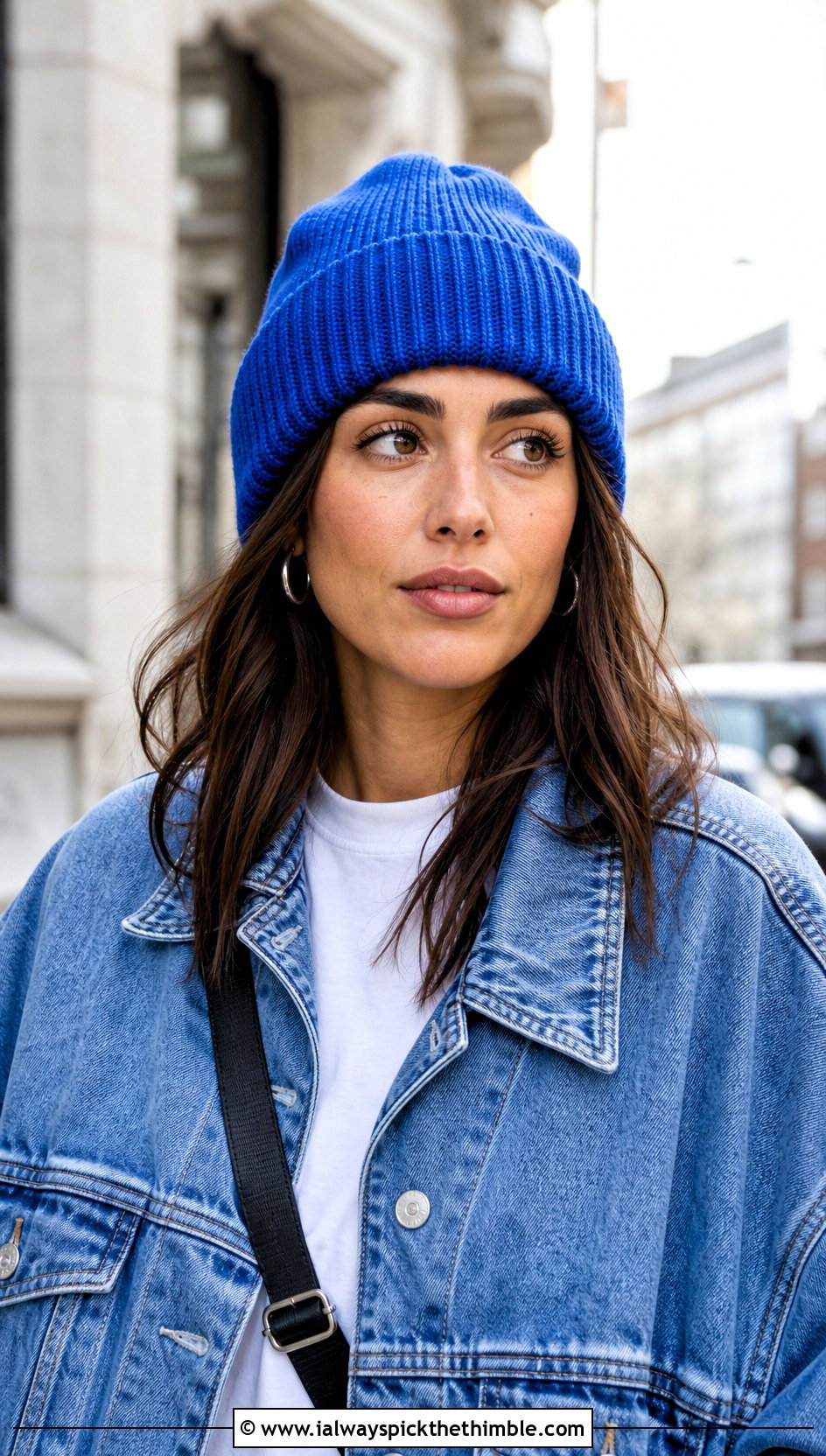 Waistcoat Stitch Cuffed Beanie With Denim Jacket - 15 Crochet Hat That Looks Knitted outfit ideas