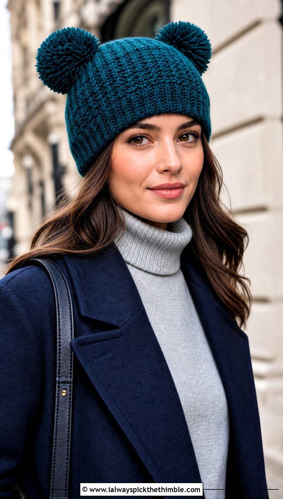 Waistcoat Stitch Double Pompom Crochet Hat With Wool Coat - 20 Double Pompom Crochet Hat outfit ideas