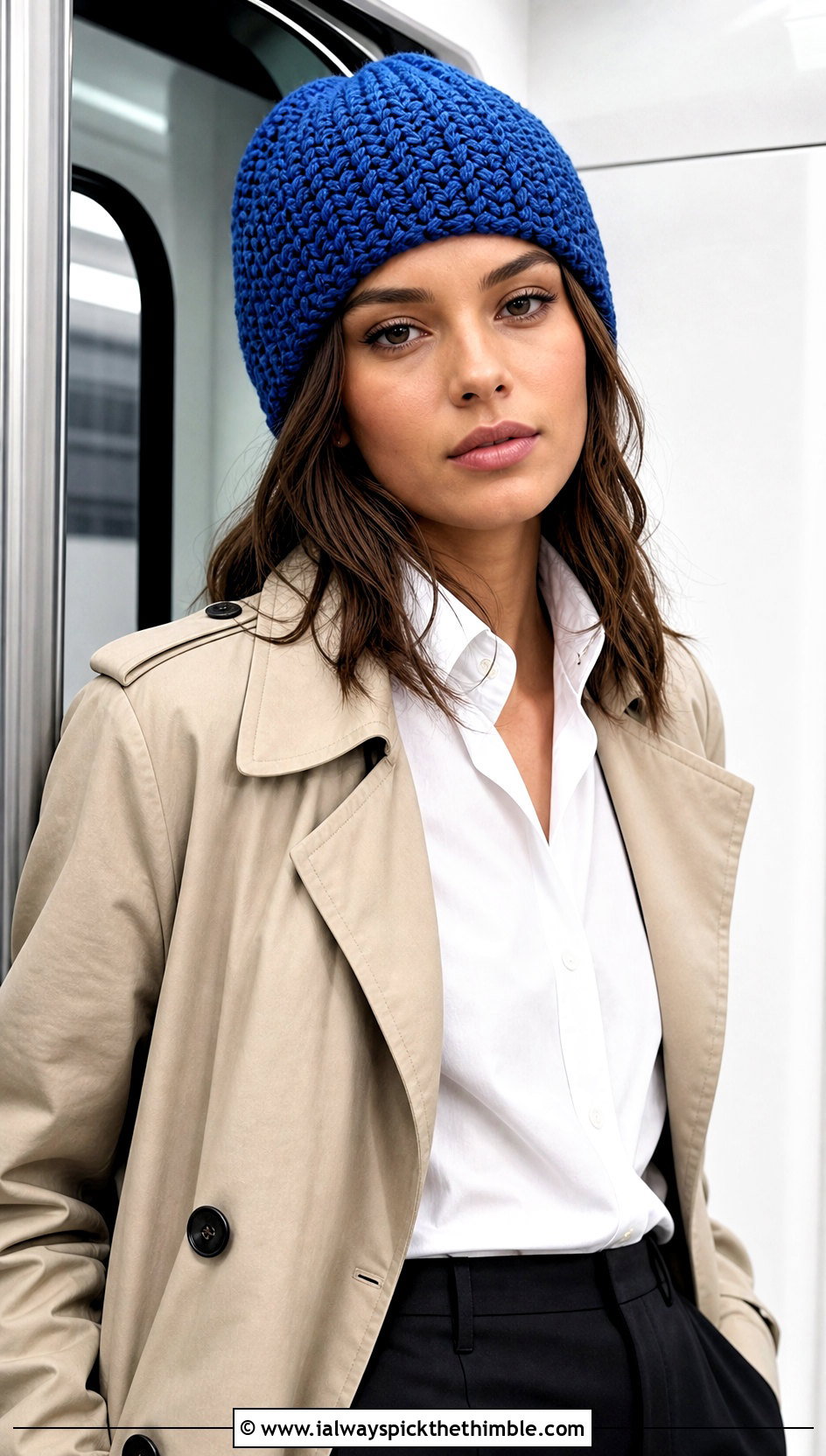 Waistcoat Stitch Knit Look Crochet Beanie With Trench Coat - 20 knit look crochet beanie outfit ideas