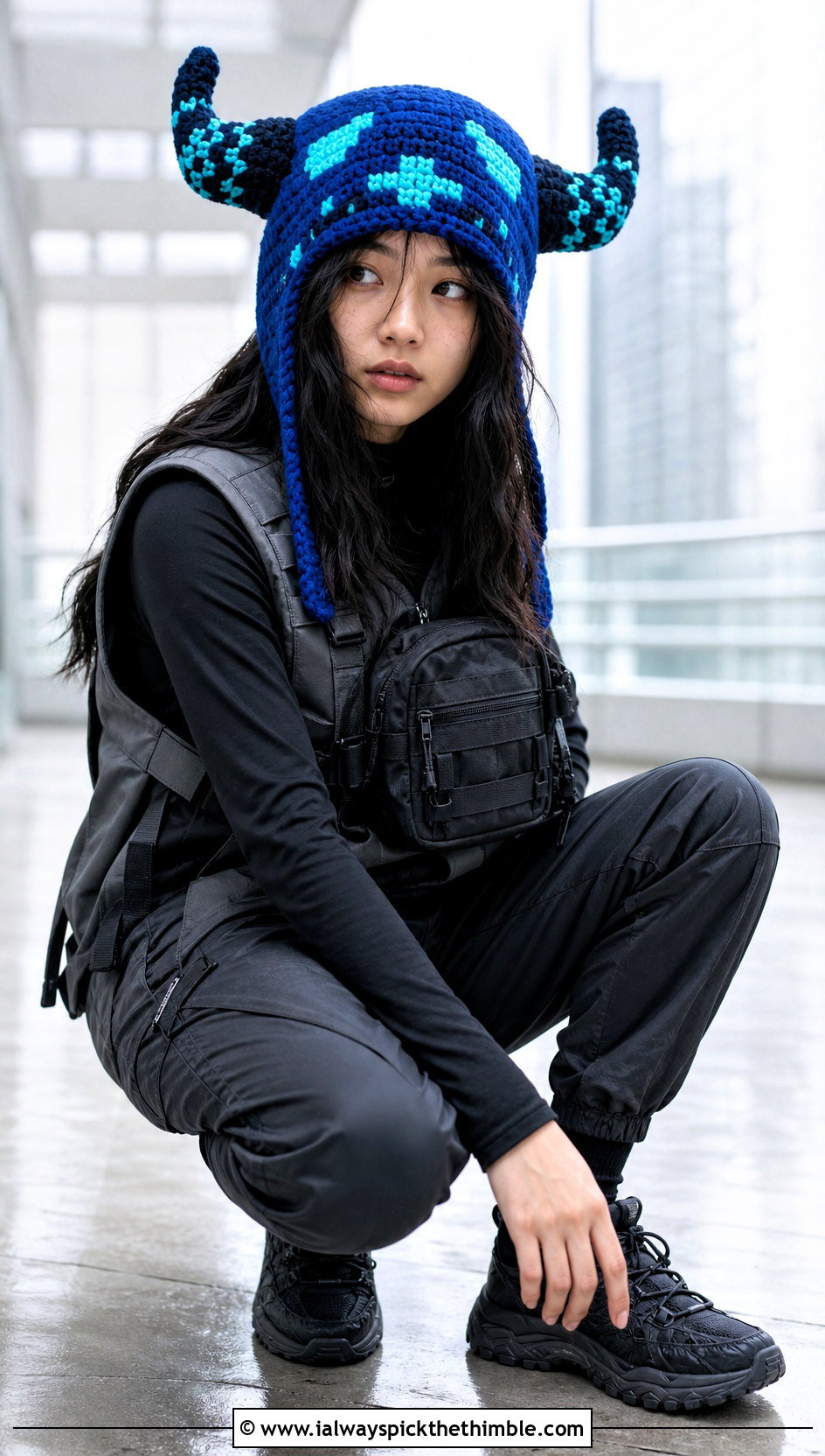 Warden Horn Hat With Techwear Outfit - 20 Minecraft Crochet Hat outfit ideas