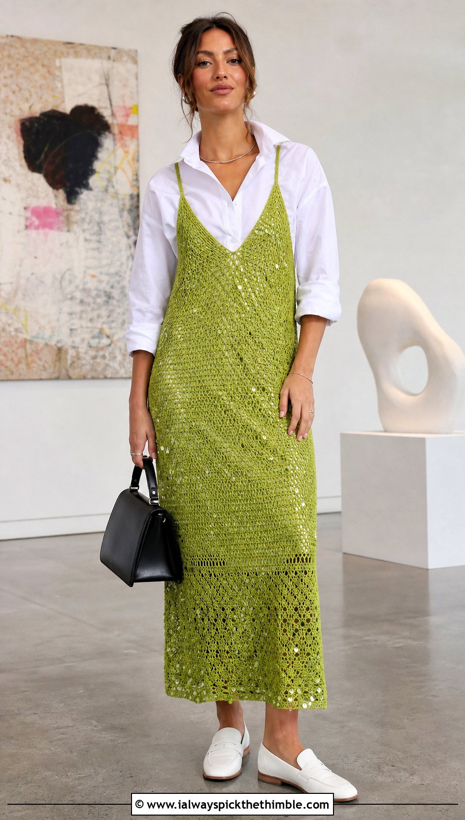 Wasabi Green Crochet Sequin Slip Dress Over White Shirt - 25 crochet sequin dress outfit ideas