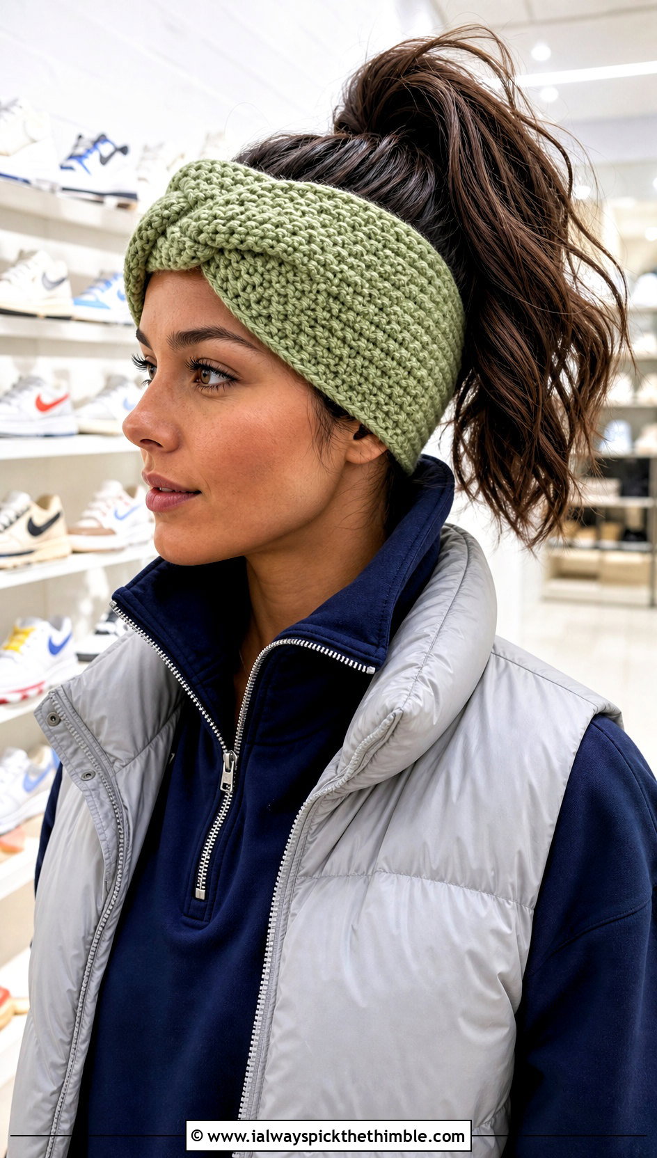 Wasabi Green Twisted Ravencraft Crochet Earwarmer With Navy Tracksuit - 15 ravencraft crochet earwarmer outfit ideas