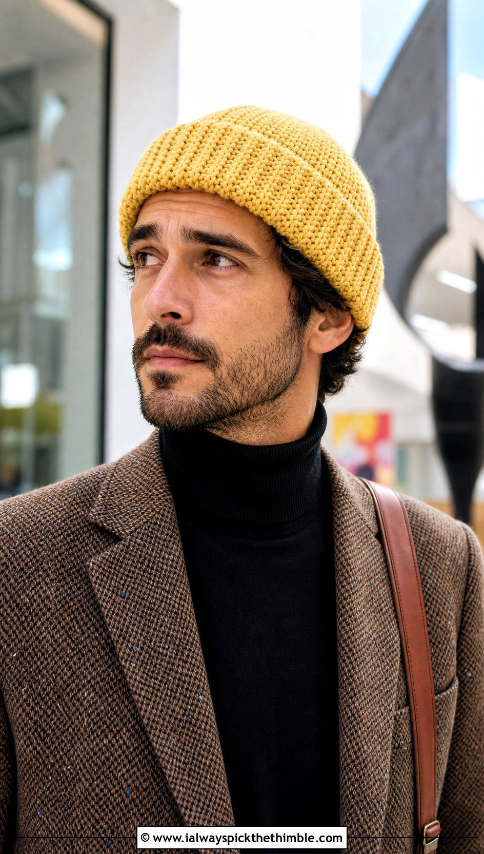 Watch Cap Crochet Beanie With Blazer And Turtleneck - 20 Easy Mens Crochet Beanie outfit ideas
