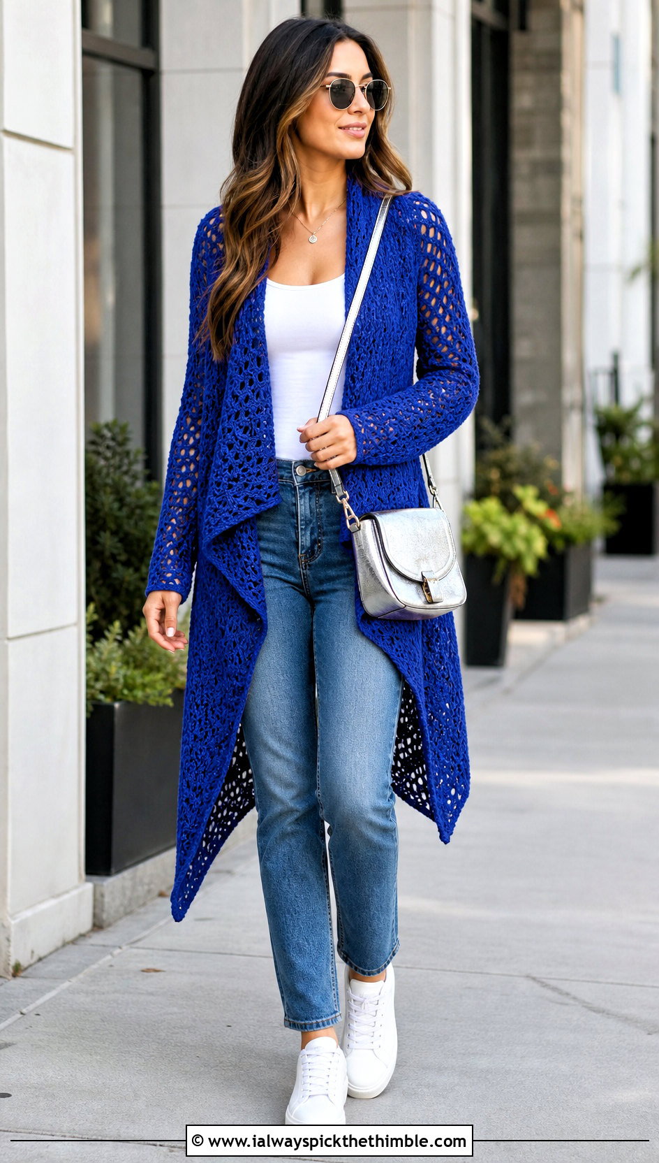 Waterfall Crochet Asymmetrical Cardigan With Straight Leg Jeans - 20 crochet asymmetrical cardigan outfit ideas