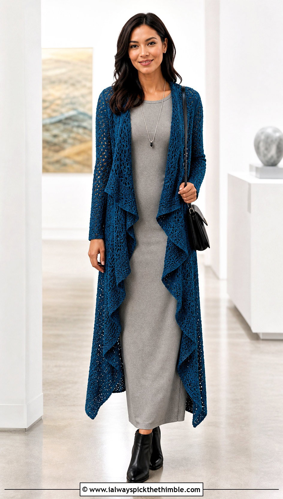 Waterfall Crochet Cardigan With Column Maxi Dress - 25 crochet long cardigan outfit ideas
