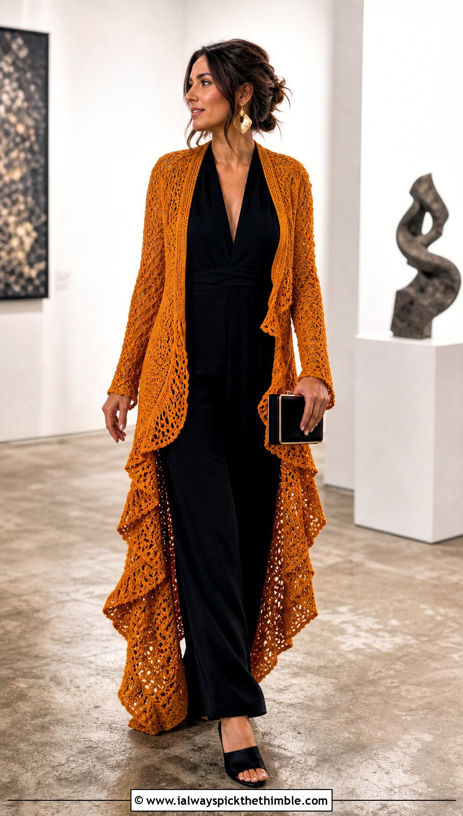 Waterfall Crochet Cardigan With Jumpsuit - 25 crochet cardigan for women outfit ideas