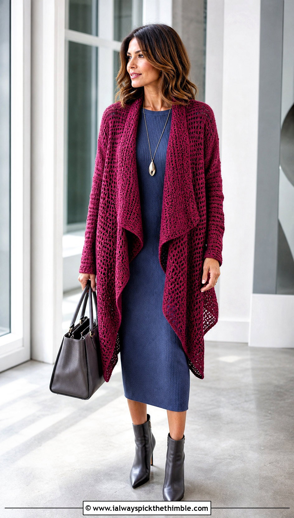 Waterfall Crochet Cardigan With Knit Midi Dress - 20 bohemian crochet cardigan outfit ideas