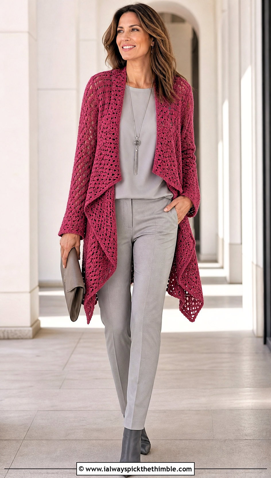 Waterfall Crochet Cardigan With Monochrome Separates - 20 elegant crochet cardigan outfit ideas
