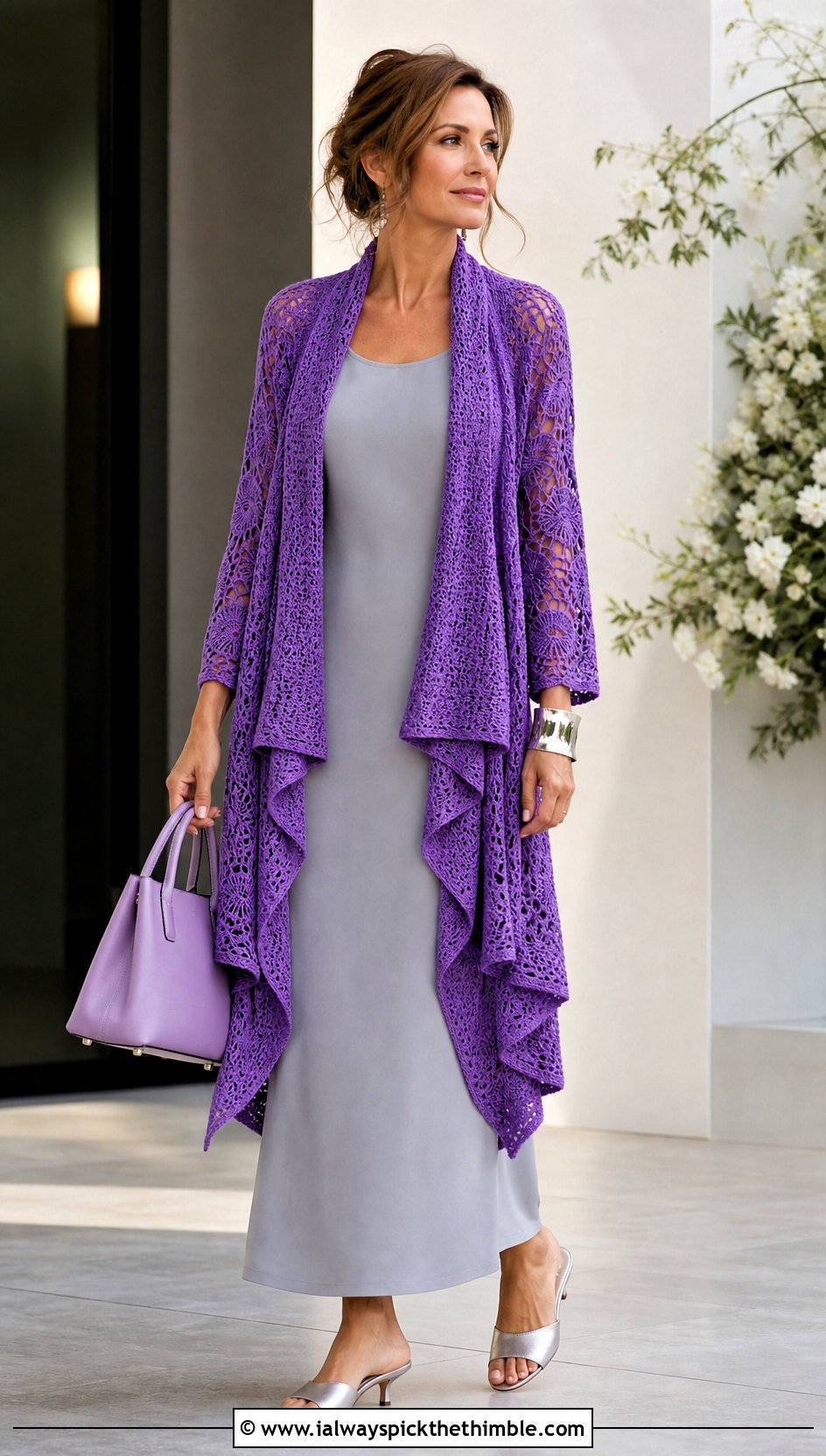 Waterfall Crochet Cardigan With Pineapple Lace Sleeves And Column Dress - 15 crochet cardigan with lace sleeves outfit ideas