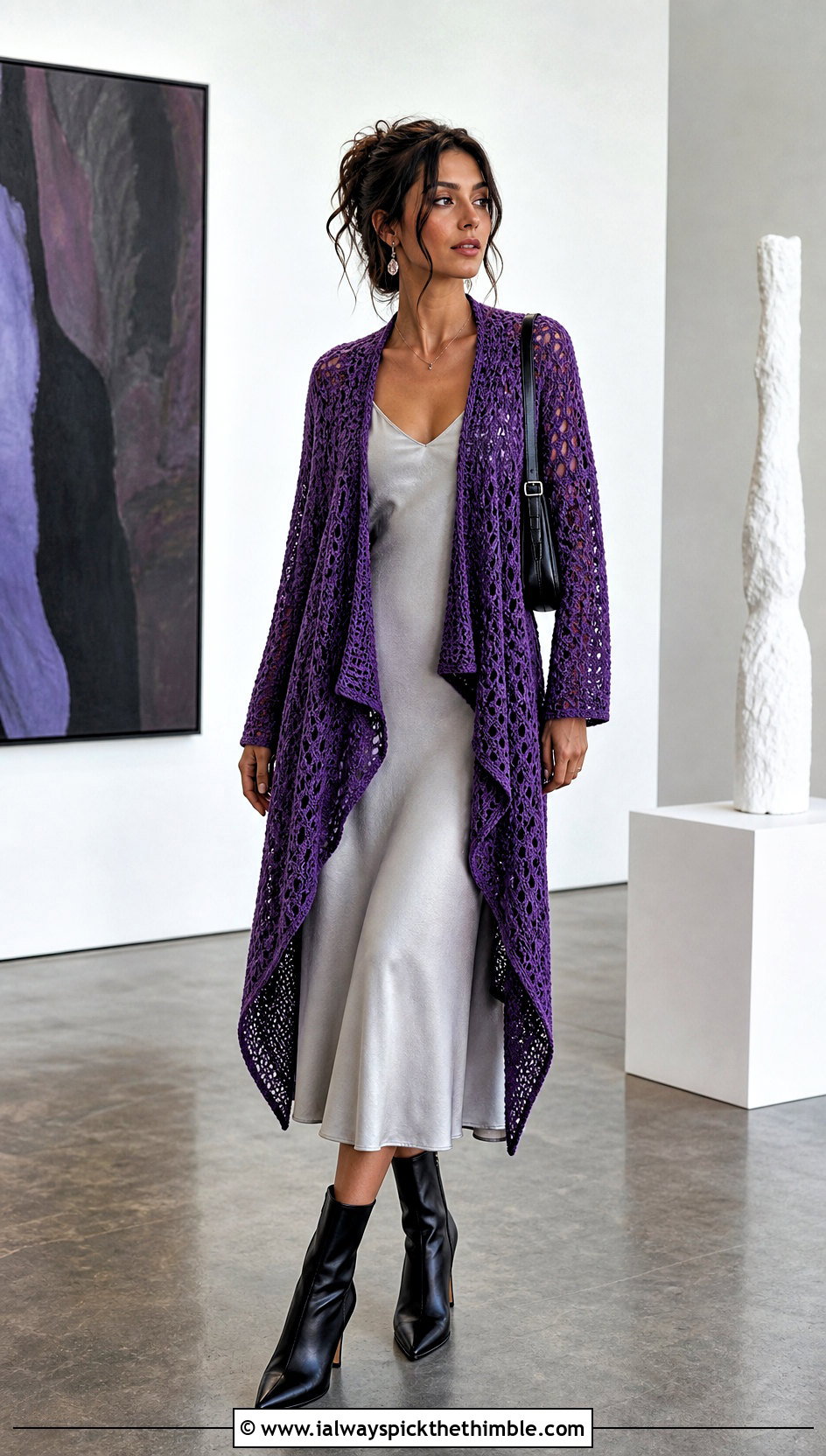 Waterfall Crochet Cardigan With Satin Slip Dress - 25 crochet long sweater outfit ideas