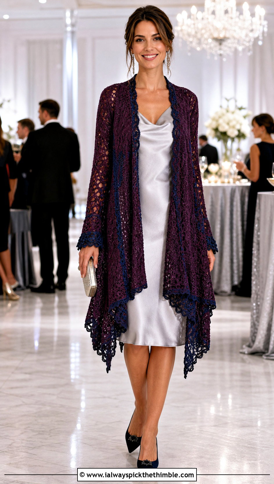 Waterfall Crochet Cardigan With Satin Slip Dress - 15 crochet cardigan with blue accents outfit ideas