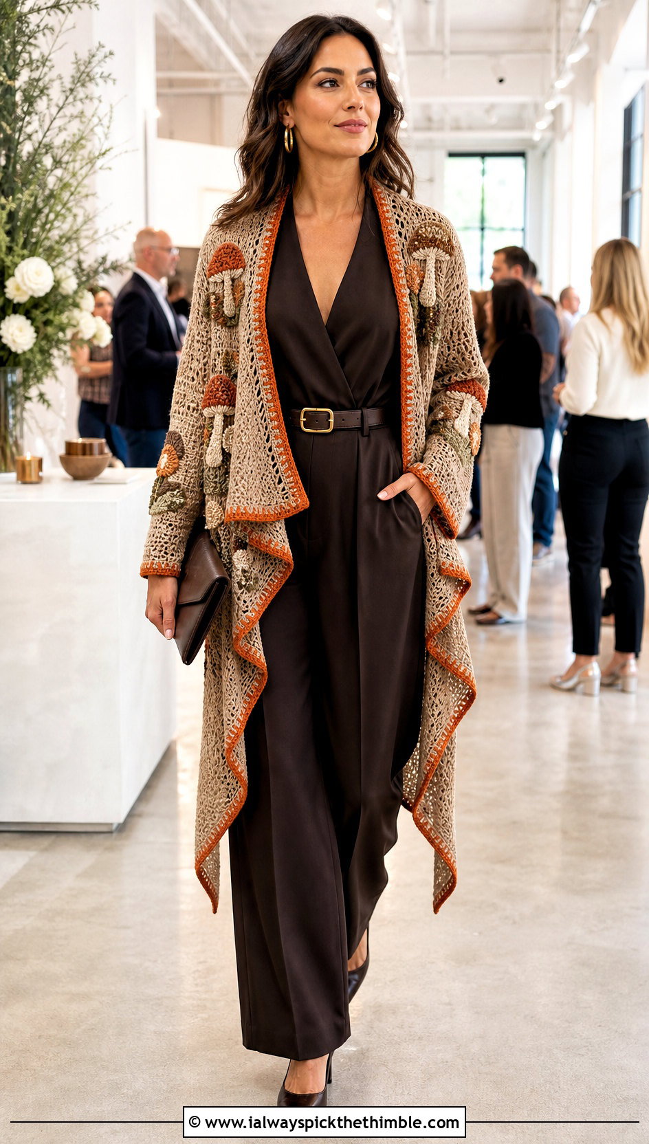 Waterfall Crochet Cardigan With a Jumpsuit - 15 neutral tone crochet cardigan outfit ideas