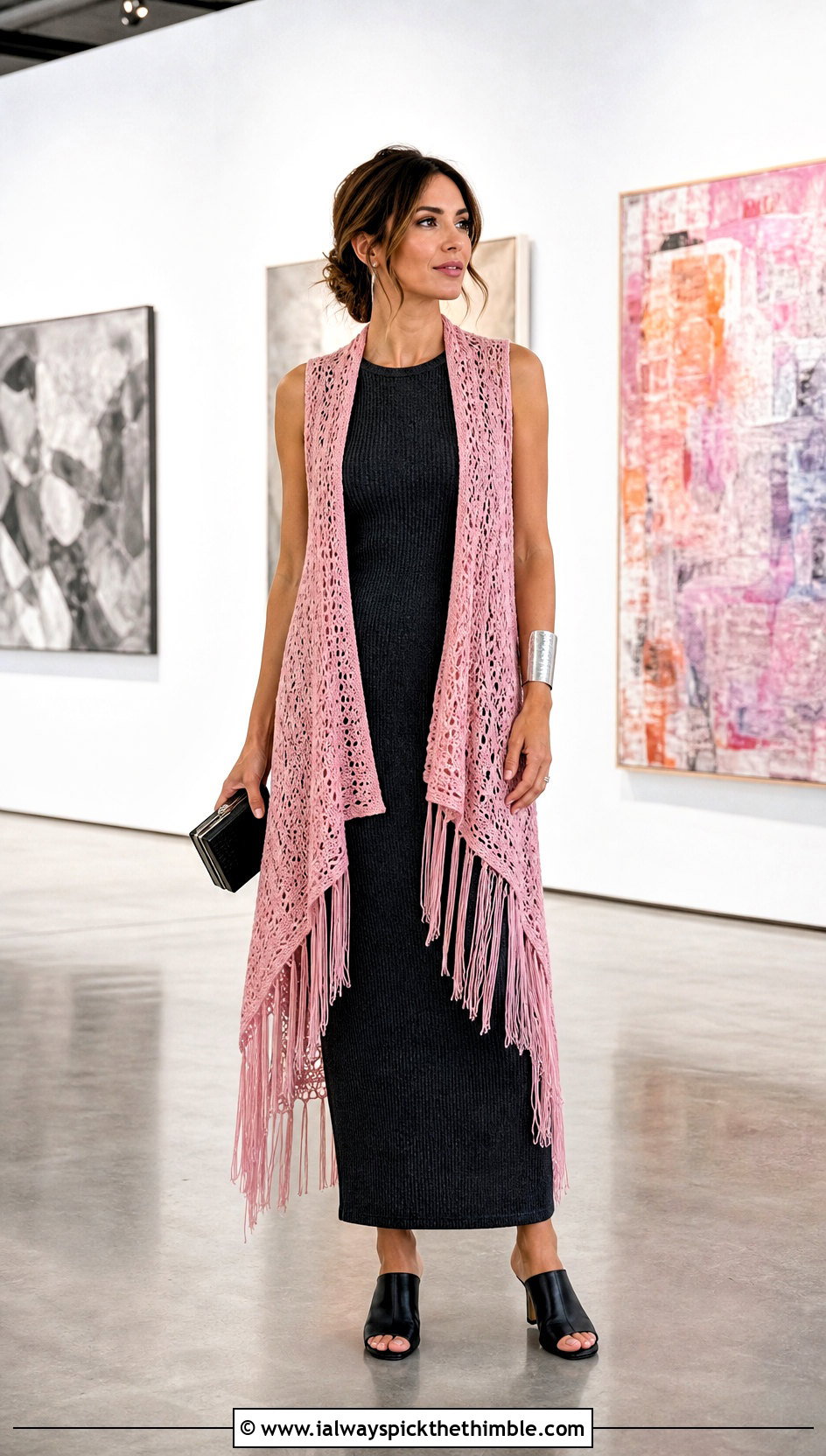 Waterfall Crochet Fringe Vest With Knit Column Dress - 15 long crochet vest with fringe outfit ideas